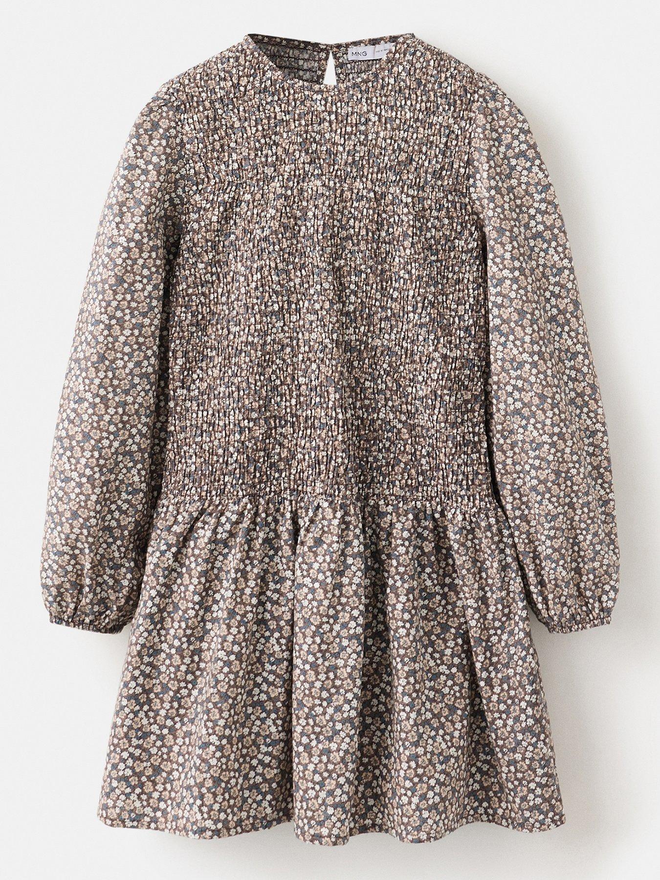 Mango Girls Shirred Floral Long Sleeve Dress - Brown
