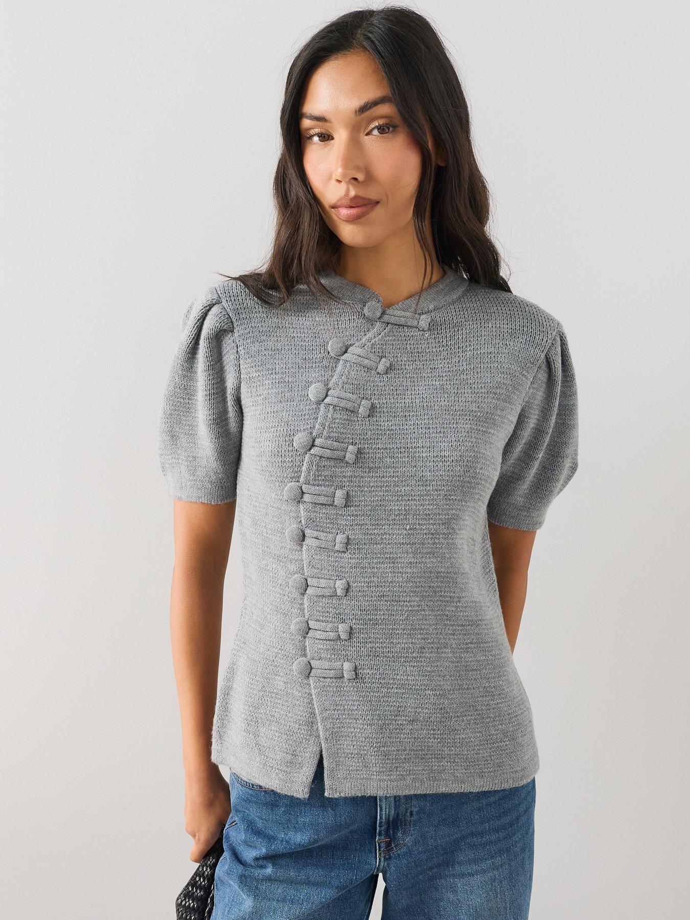 Image 1 of 7 of The Very Collection Puff Sleeve Frog Fastening Knit Jumper - Grey