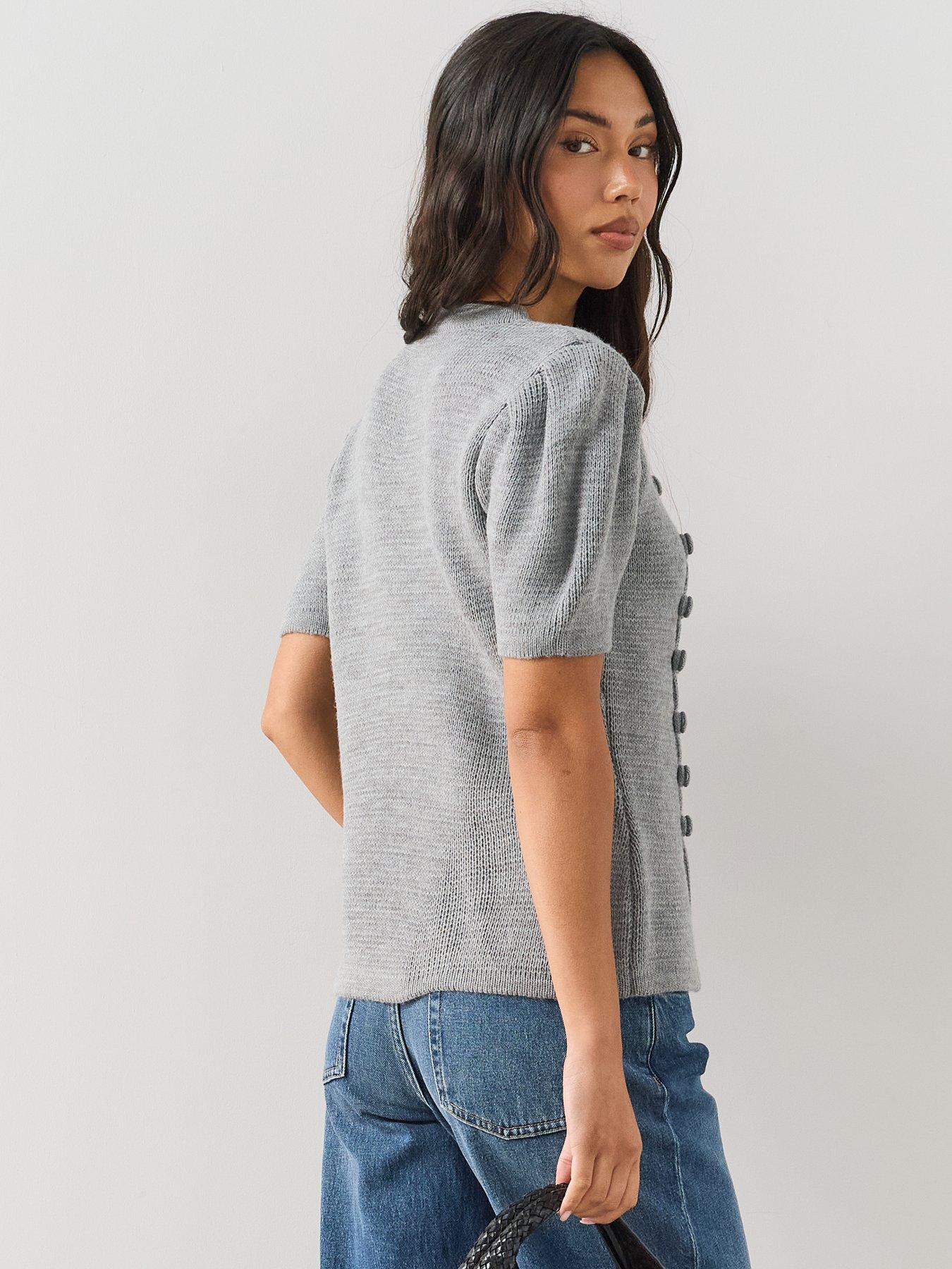 Image 2 of 7 of The Very Collection Puff Sleeve Frog Fastening Knit Jumper - Grey