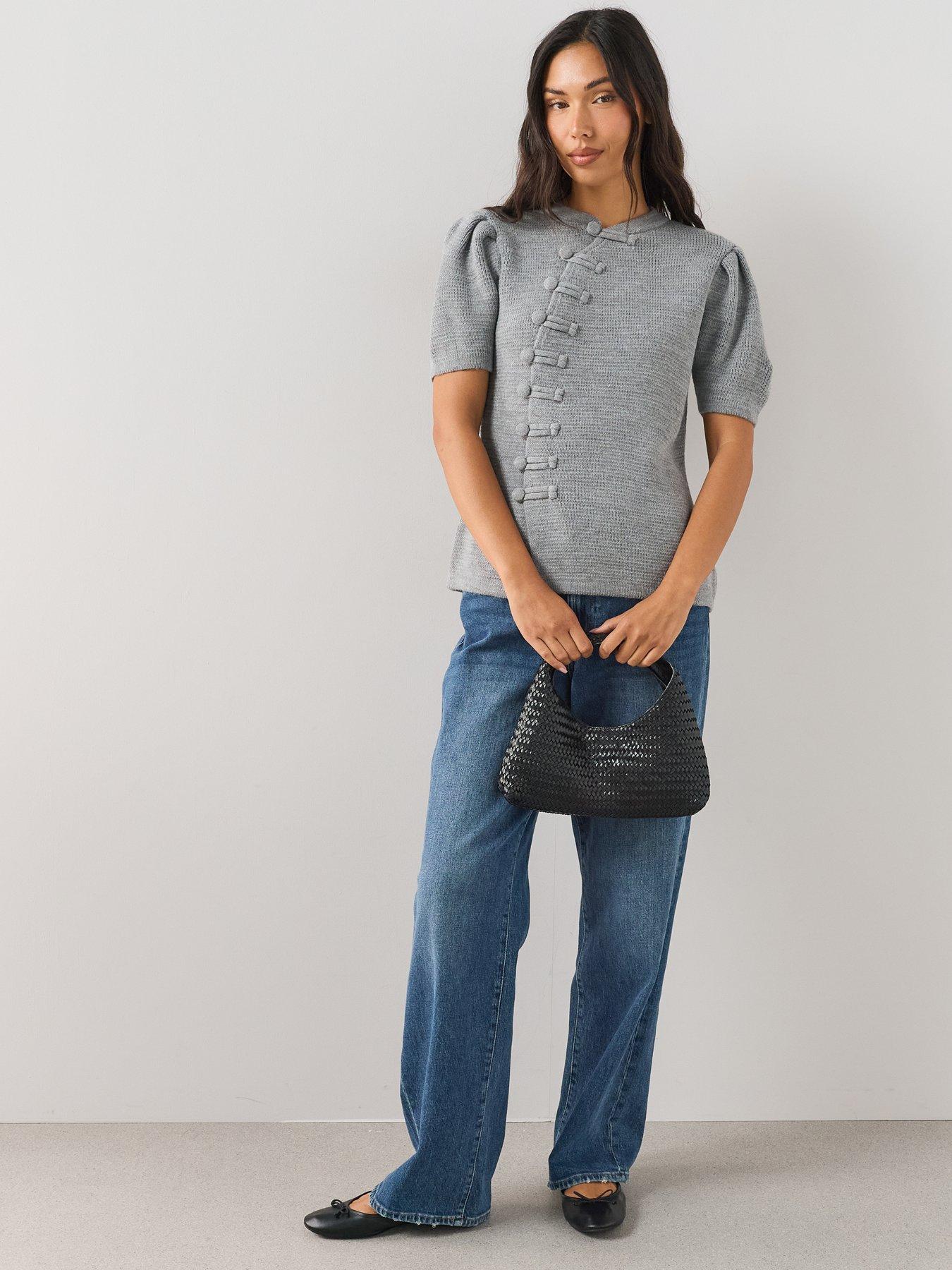 Image 3 of 7 of The Very Collection Puff Sleeve Frog Fastening Knit Jumper - Grey