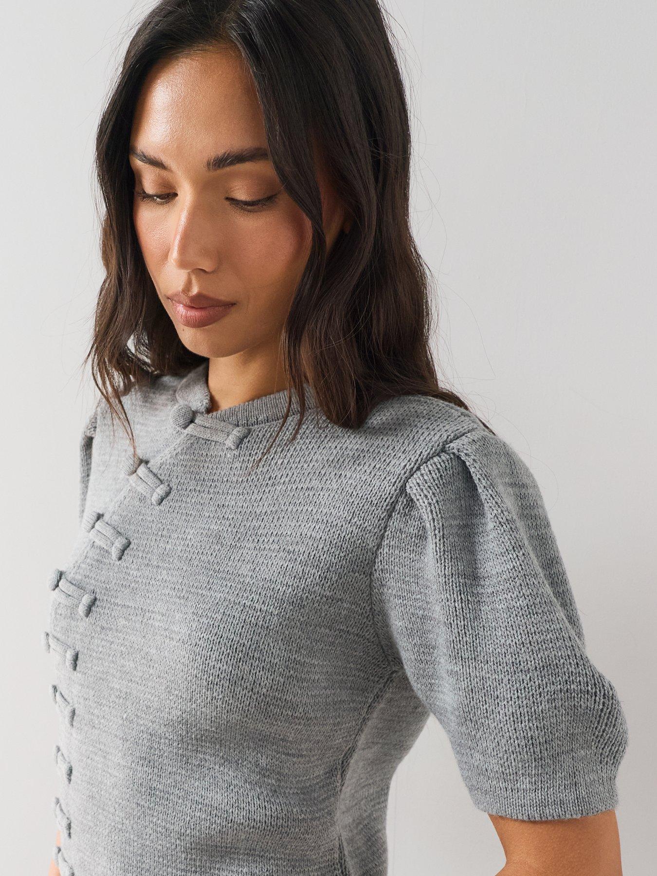Image 4 of 7 of The Very Collection Puff Sleeve Frog Fastening Knit Jumper - Grey
