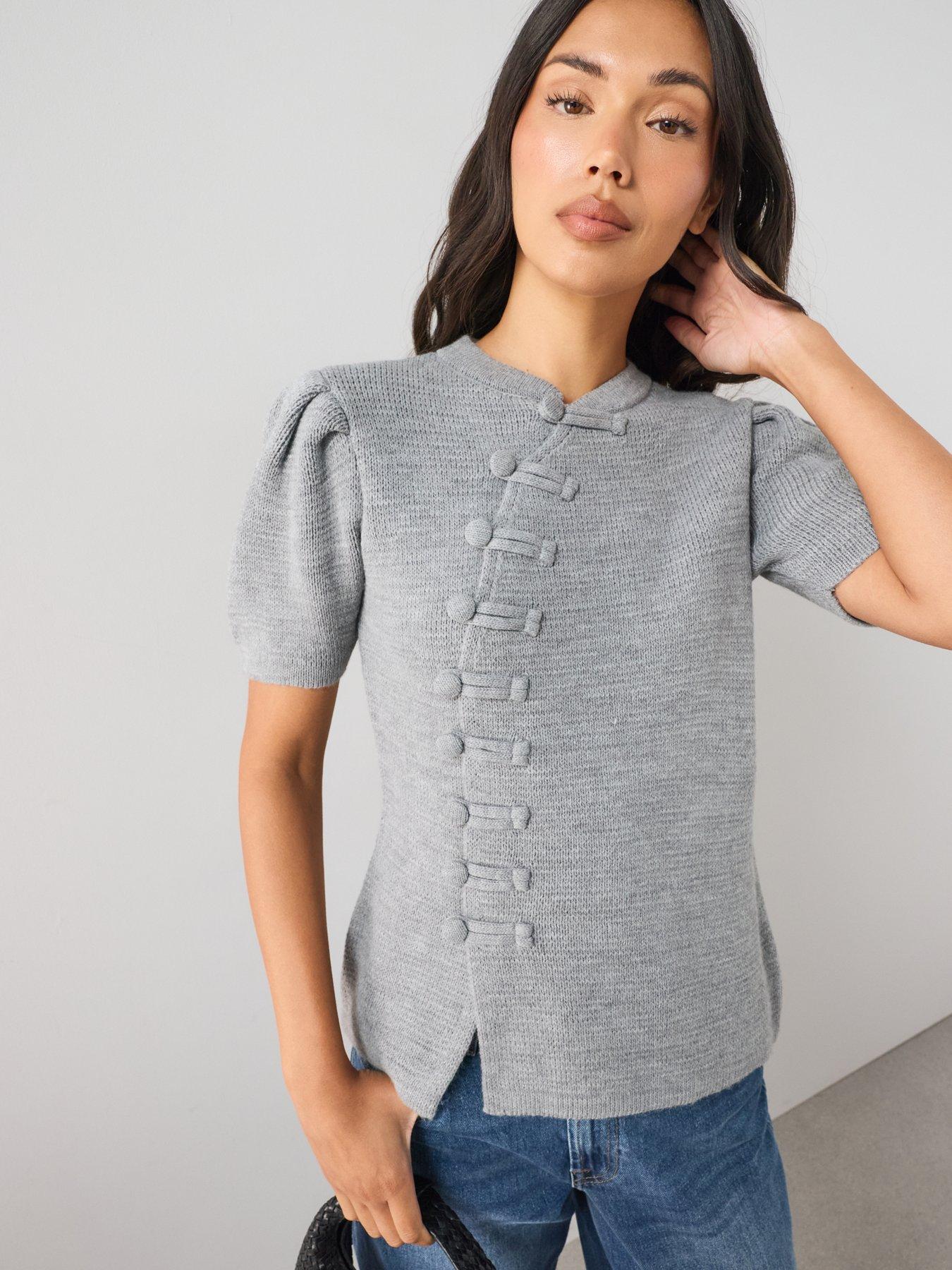 Image 5 of 7 of The Very Collection Puff Sleeve Frog Fastening Knit Jumper - Grey