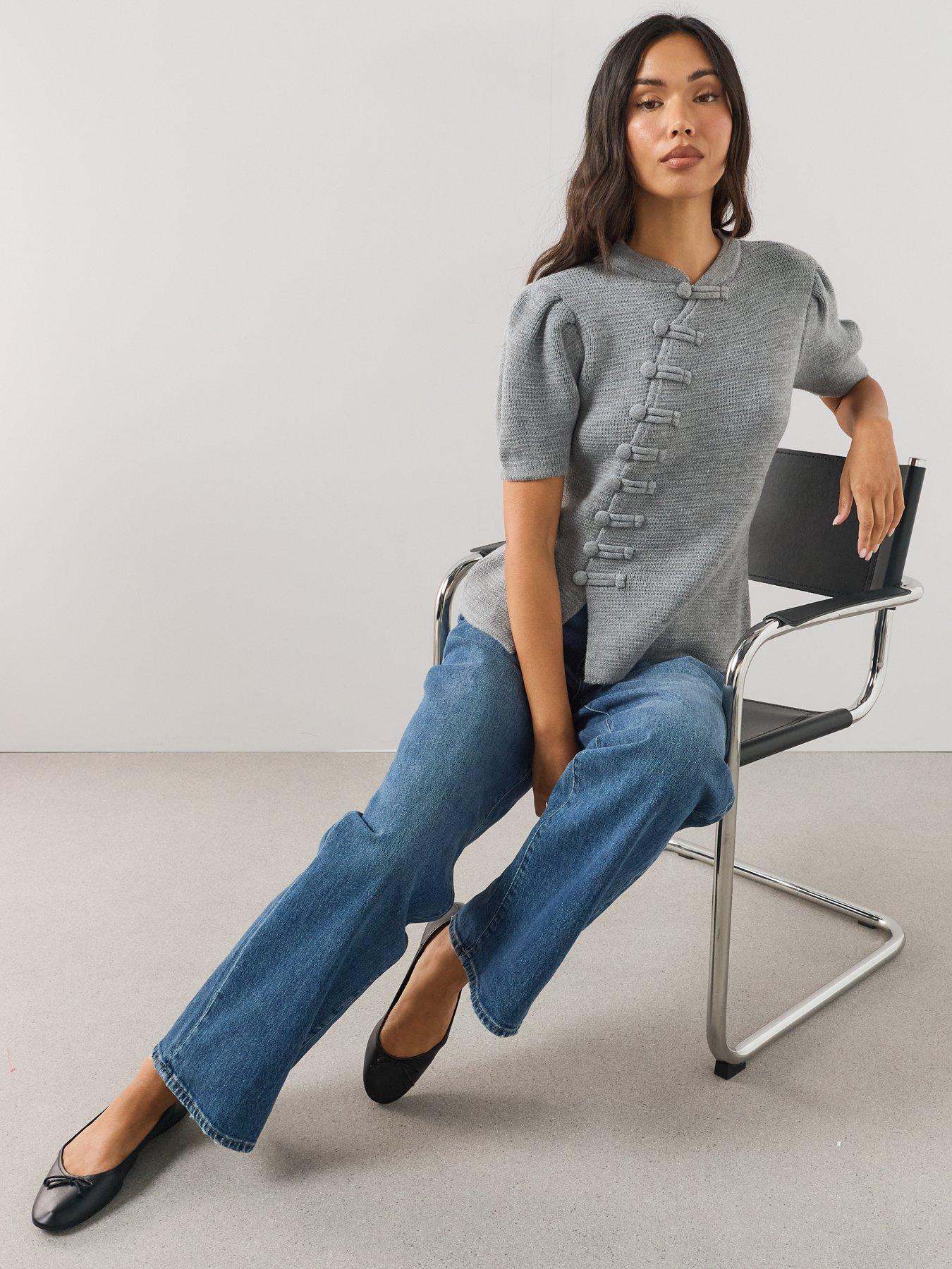 Image 6 of 7 of The Very Collection Puff Sleeve Frog Fastening Knit Jumper - Grey