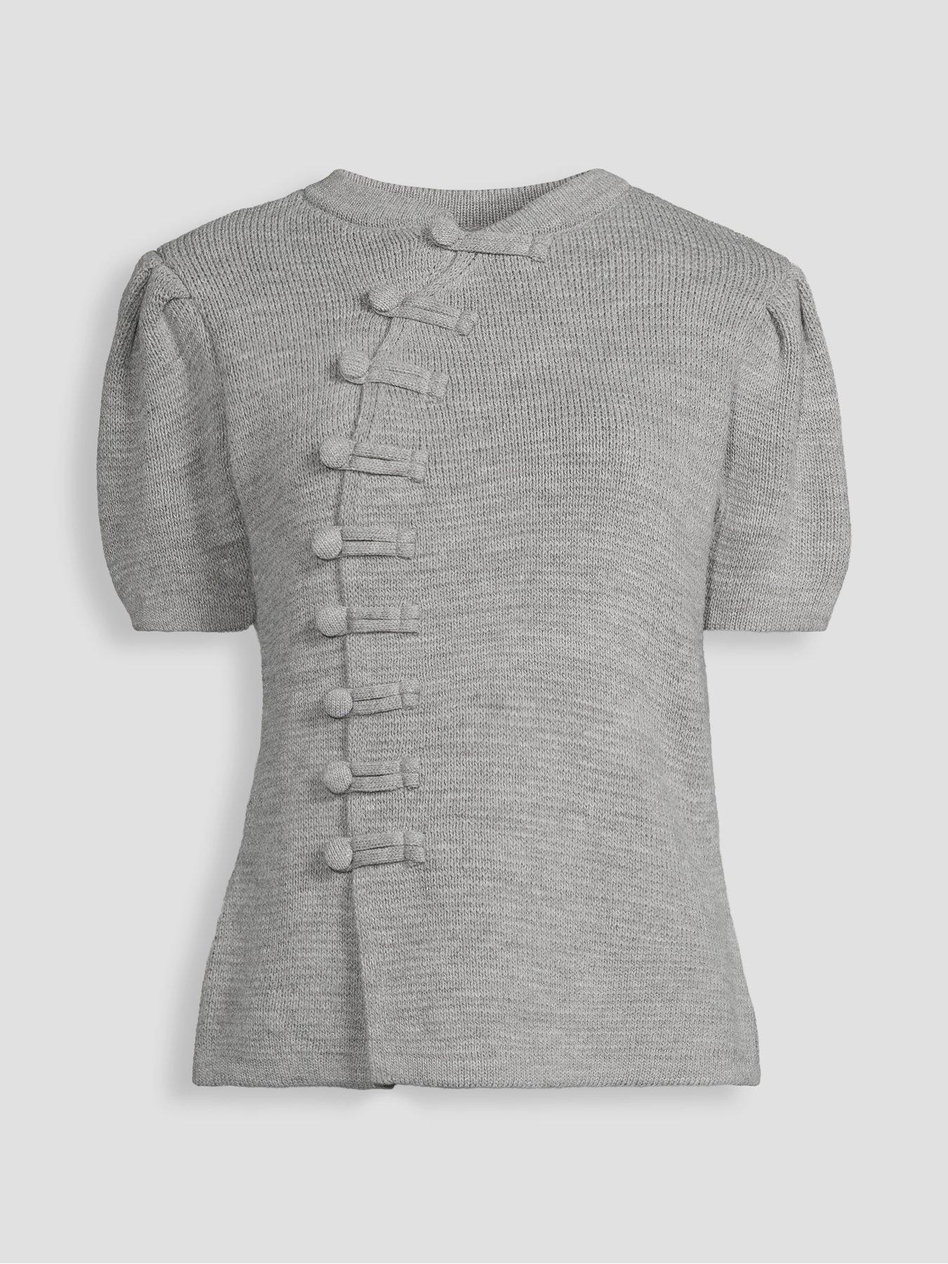 Image 7 of 7 of The Very Collection Puff Sleeve Frog Fastening Knit Jumper - Grey