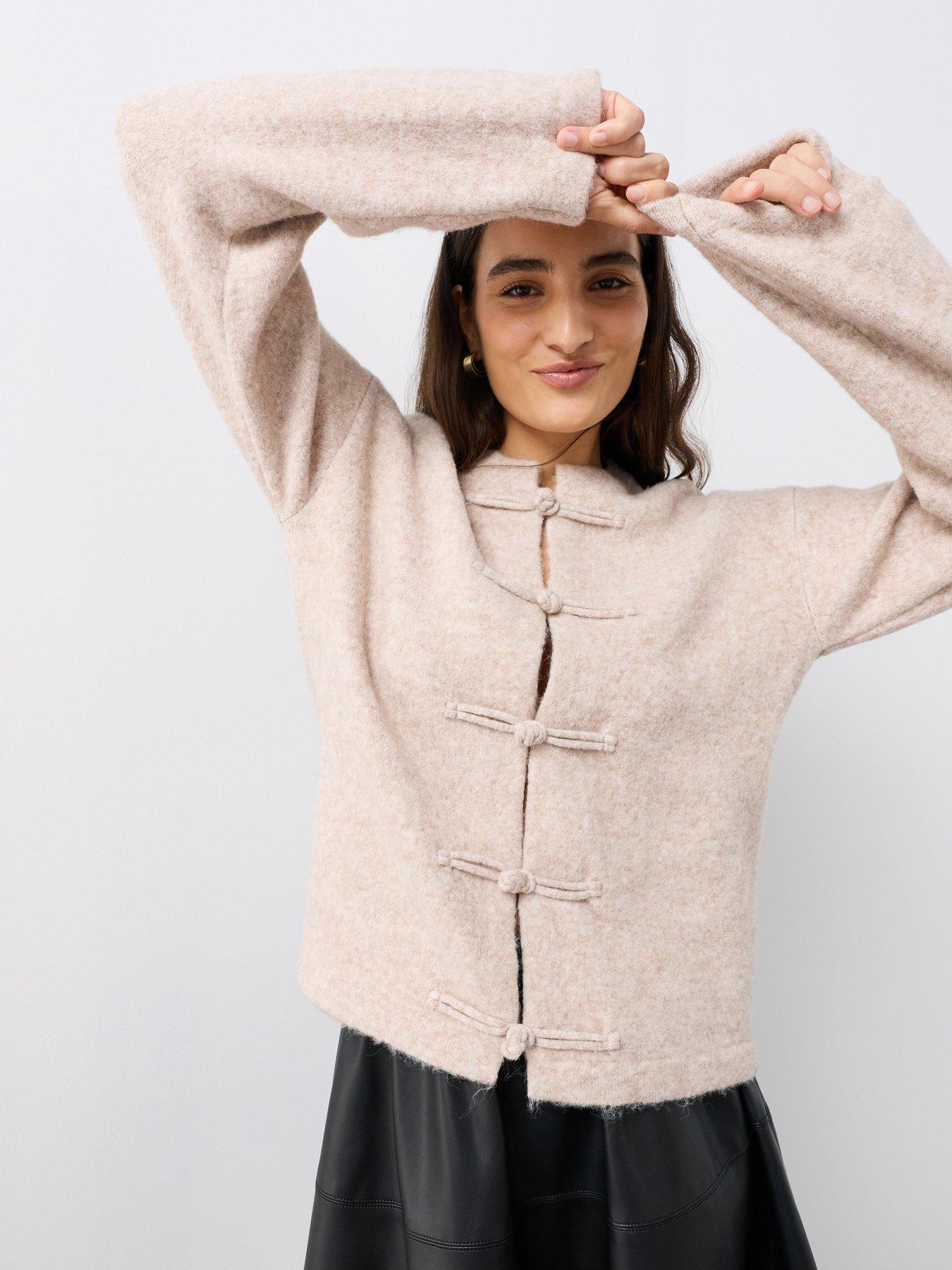 Image 1 of 7 of The Very Collection Frog Fastening Crew Neck Cardigan - Beige