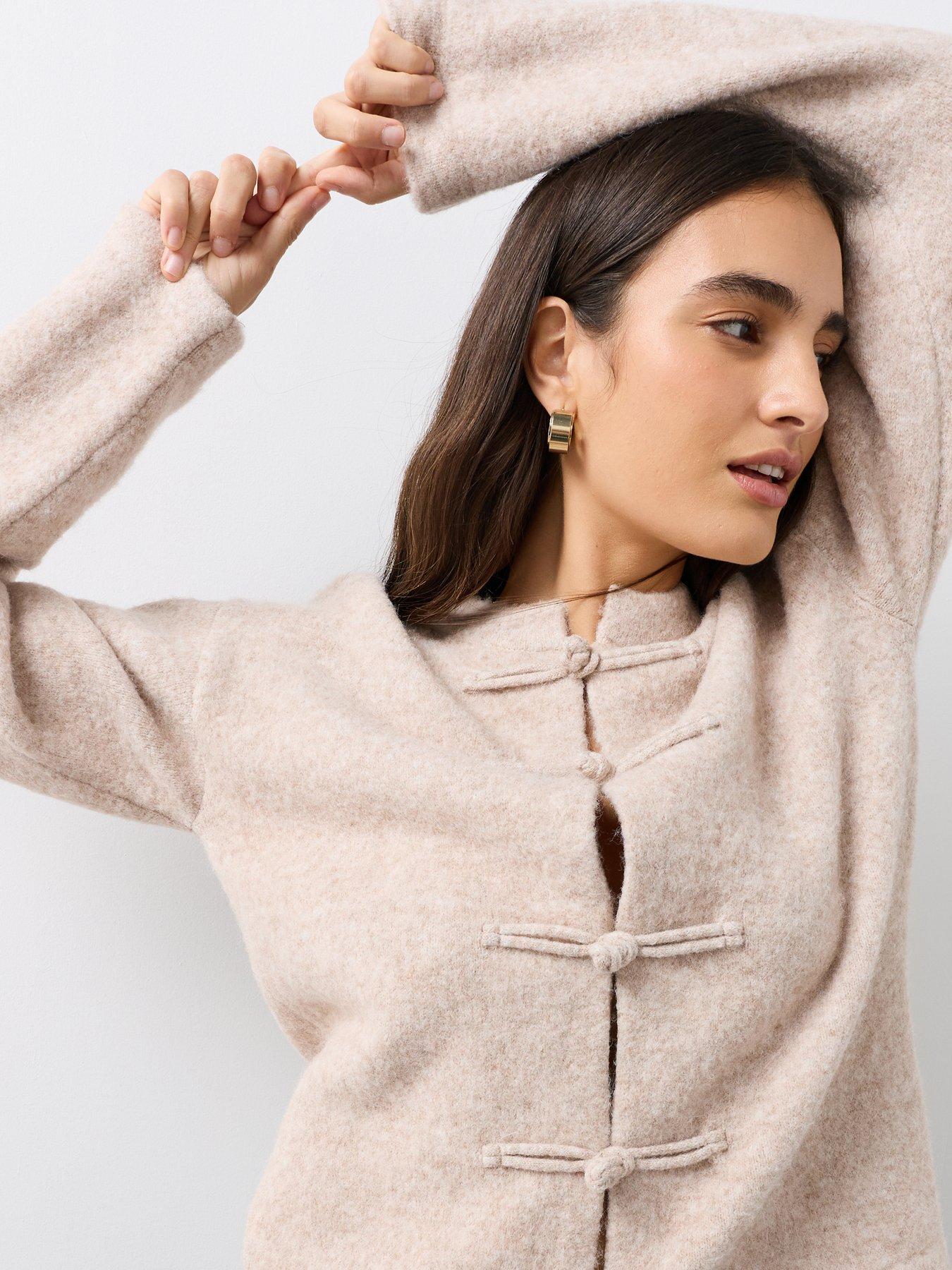 Image 6 of 7 of The Very Collection Frog Fastening Crew Neck Cardigan - Beige