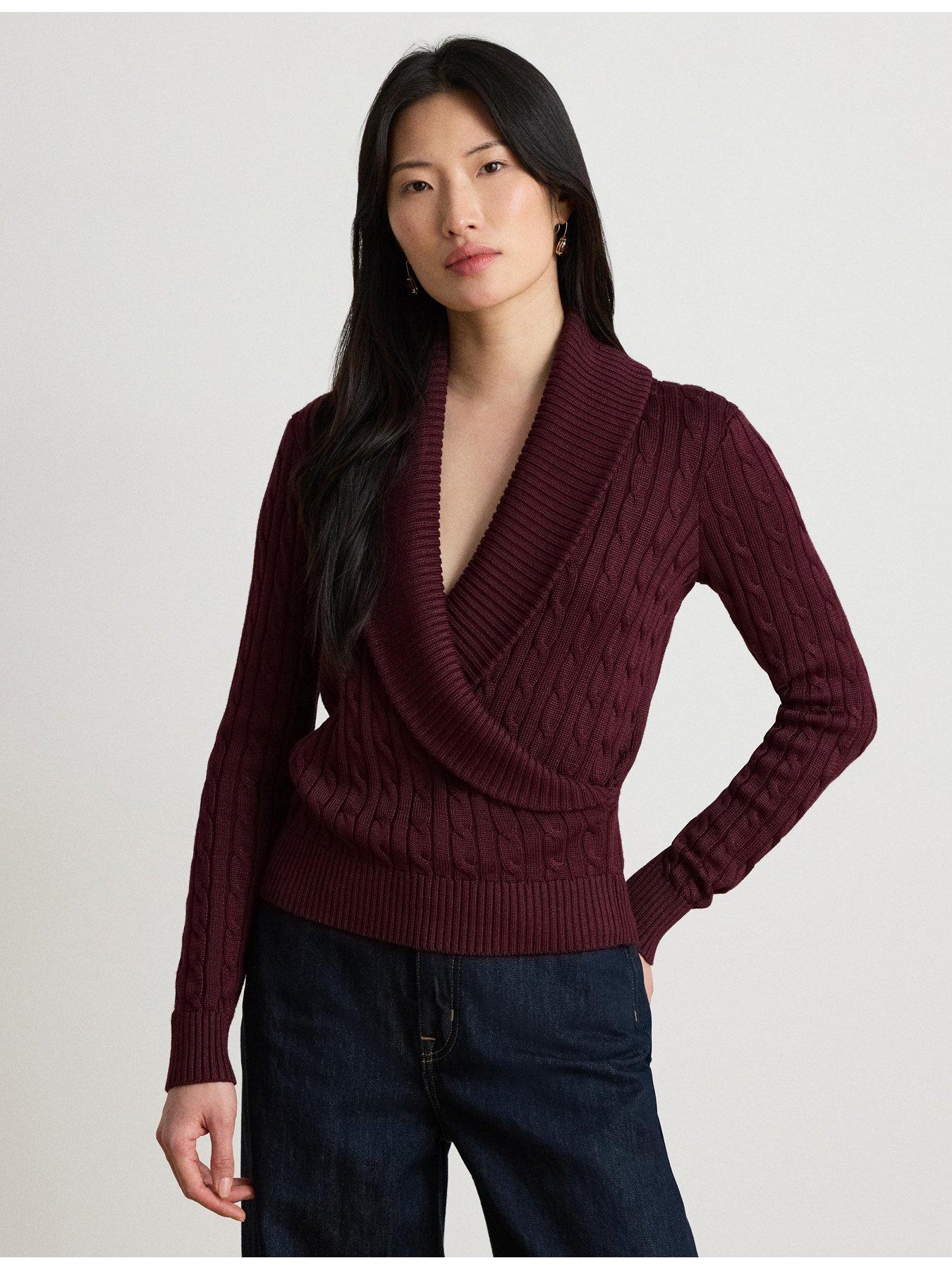 Lauren by Ralph Lauren Cable Cotton-Blend Shawl-Collar Jumper - Burgundy