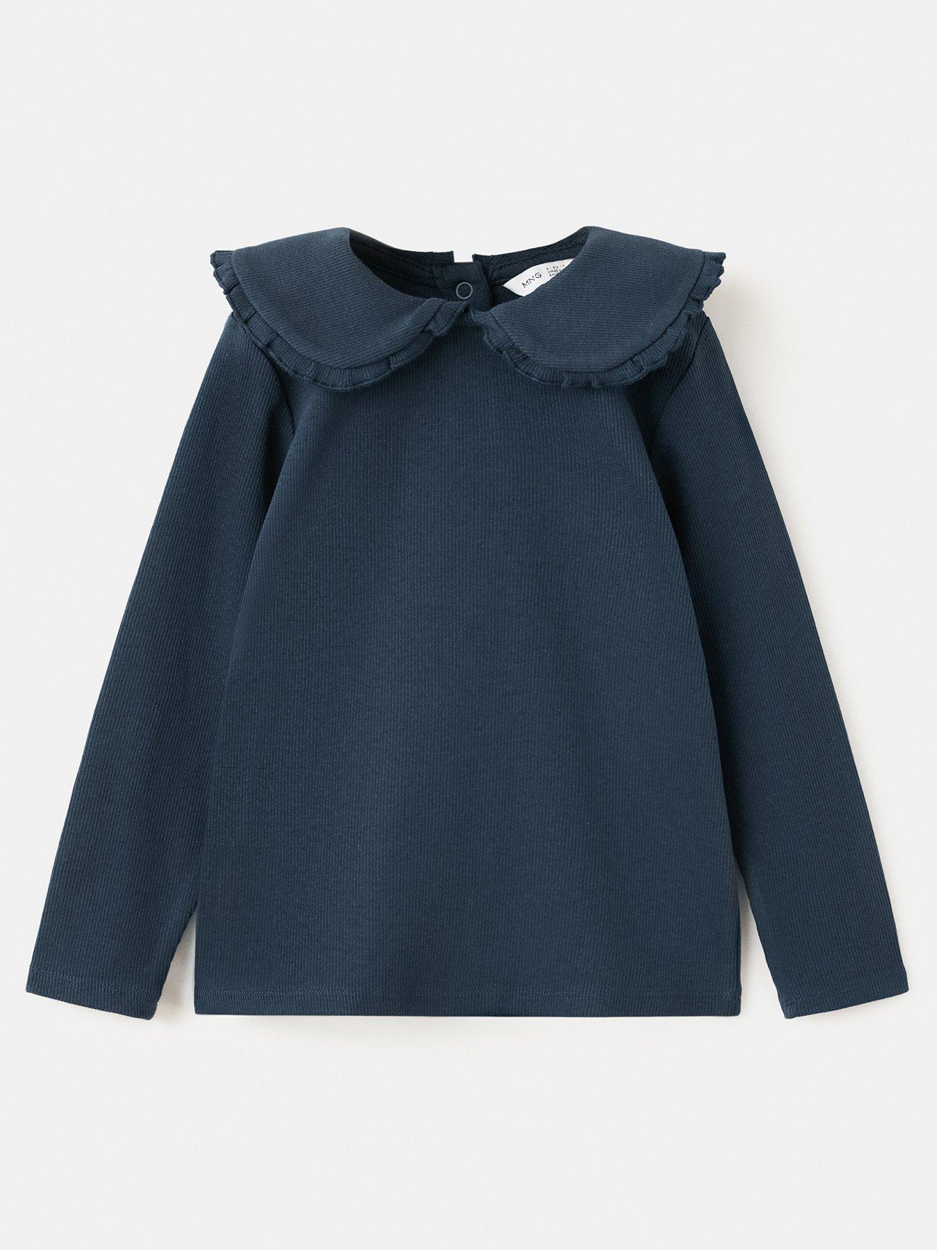 Image 1 of 4 of Mango Younger Girls Frill Collar Long Sleeve Tshirt - Navy