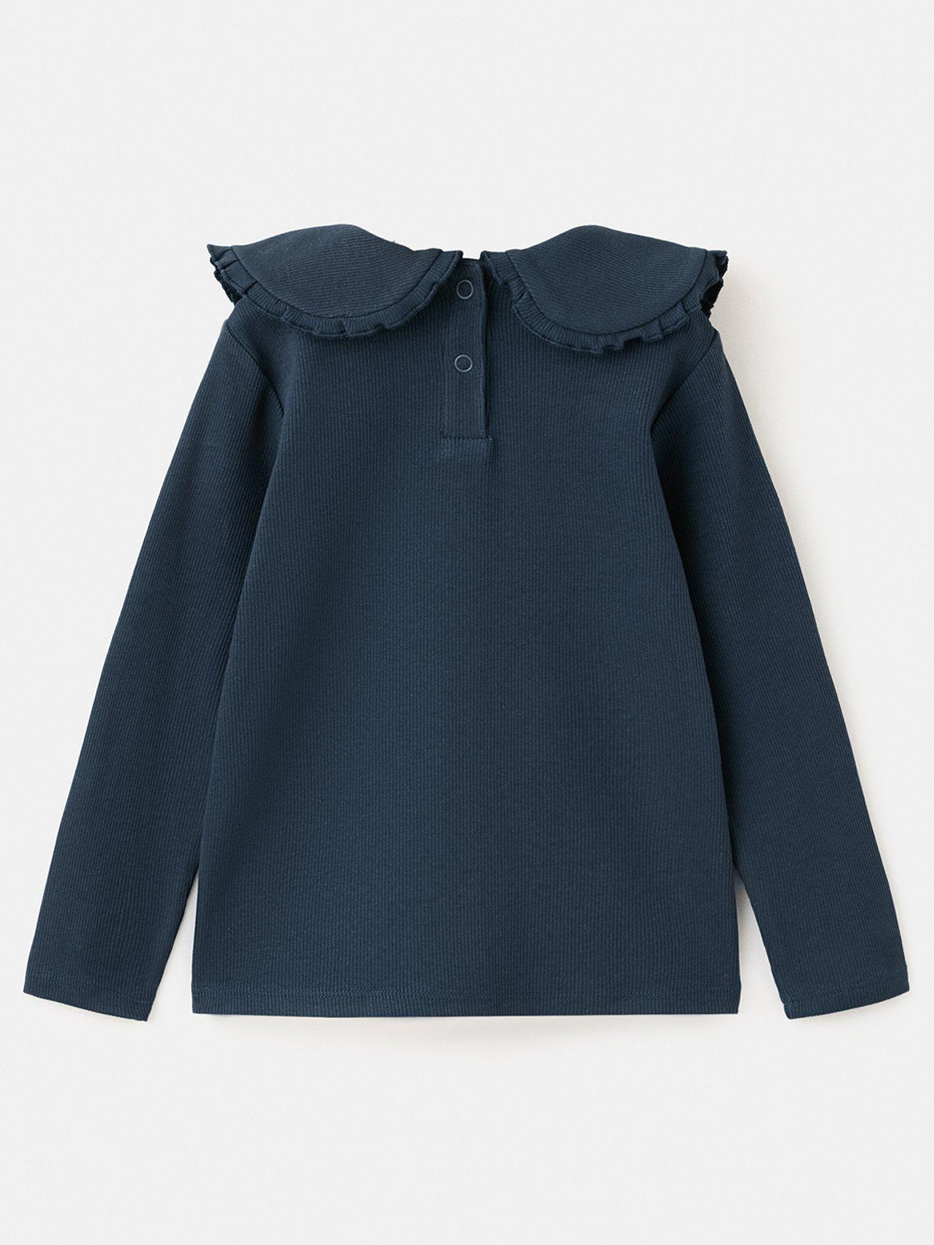 Image 2 of 4 of Mango Younger Girls Frill Collar Long Sleeve Tshirt - Navy