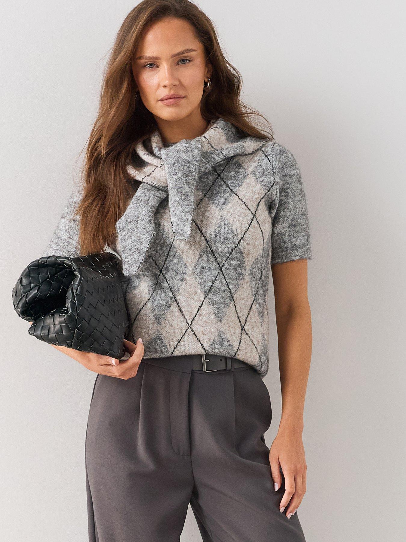 Image 1 of 6 of The Very Collection Short Sleeve Argyle Detachable Scarf Jumper With Wool&nbsp;- Grey
