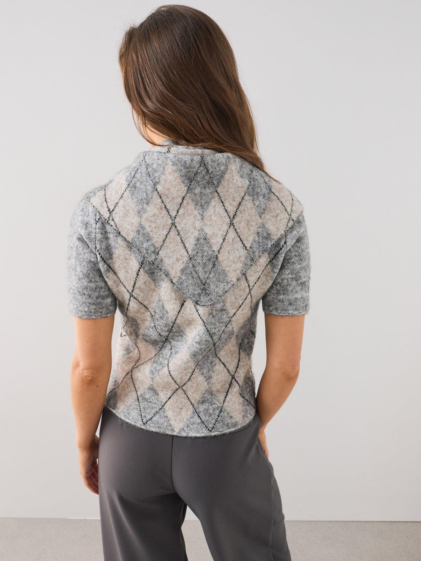 Image 2 of 6 of The Very Collection Short Sleeve Argyle Detachable Scarf Jumper With Wool&nbsp;- Grey