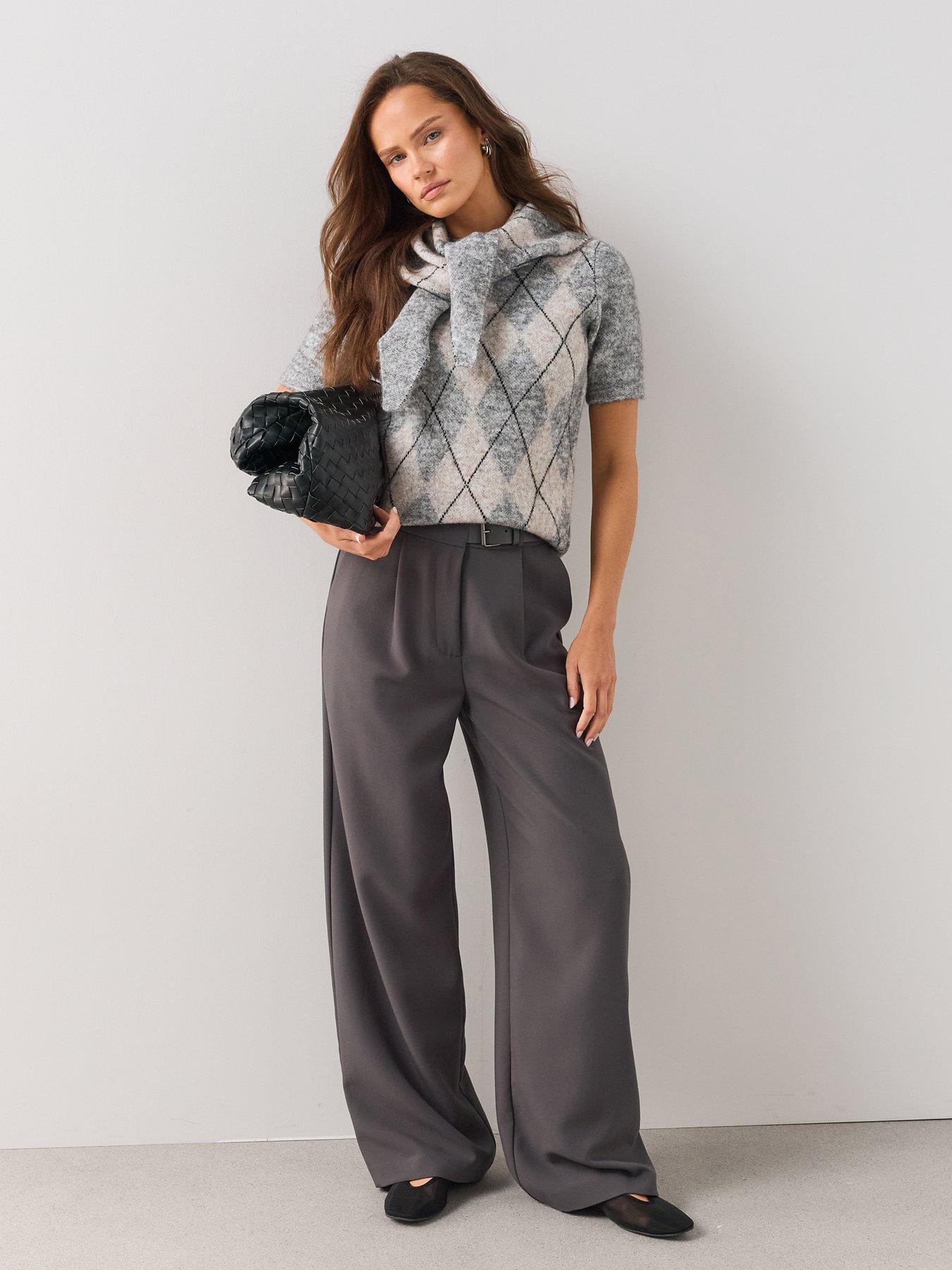 Image 3 of 6 of The Very Collection Short Sleeve Argyle Detachable Scarf Jumper With Wool&nbsp;- Grey