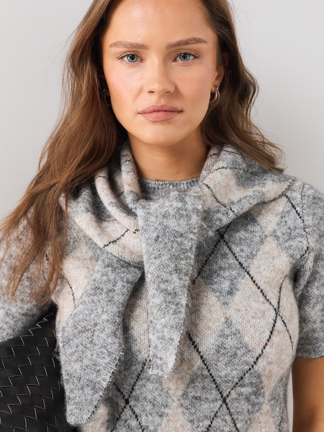 Image 5 of 6 of The Very Collection Short Sleeve Argyle Detachable Scarf Jumper With Wool&nbsp;- Grey