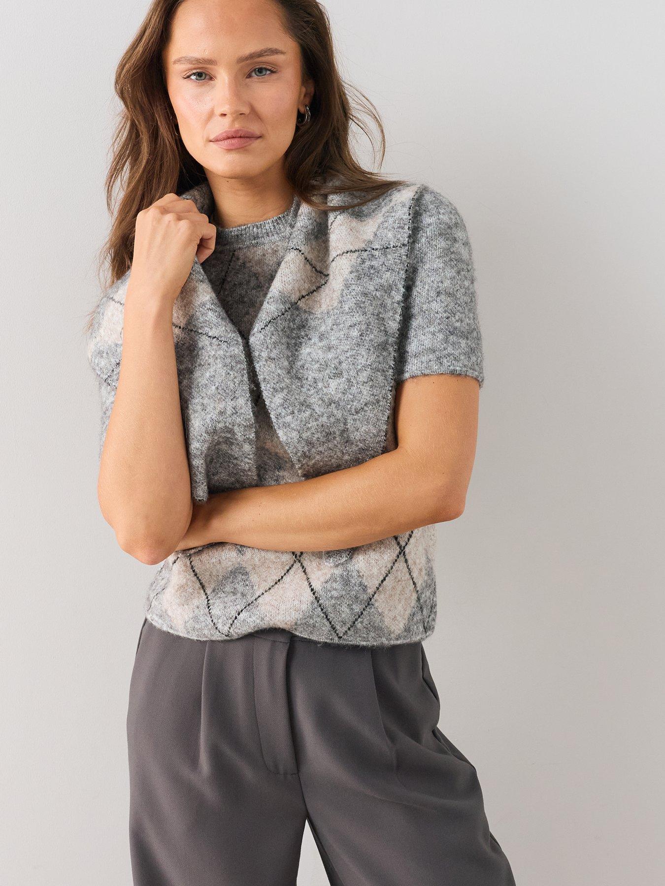 Image 6 of 6 of The Very Collection Short Sleeve Argyle Detachable Scarf Jumper With Wool&nbsp;- Grey