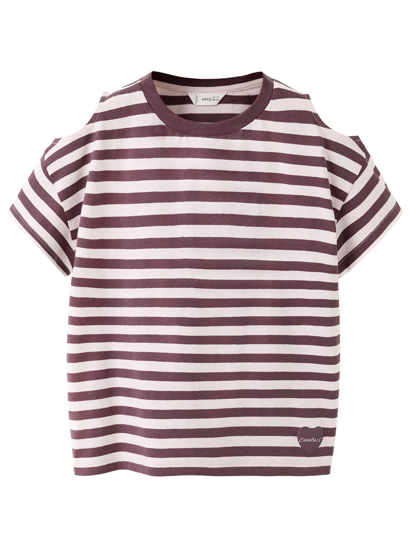 Image 1 of 4 of Mango Girls Striped Cut Out Detail T-Shirt - Pink
