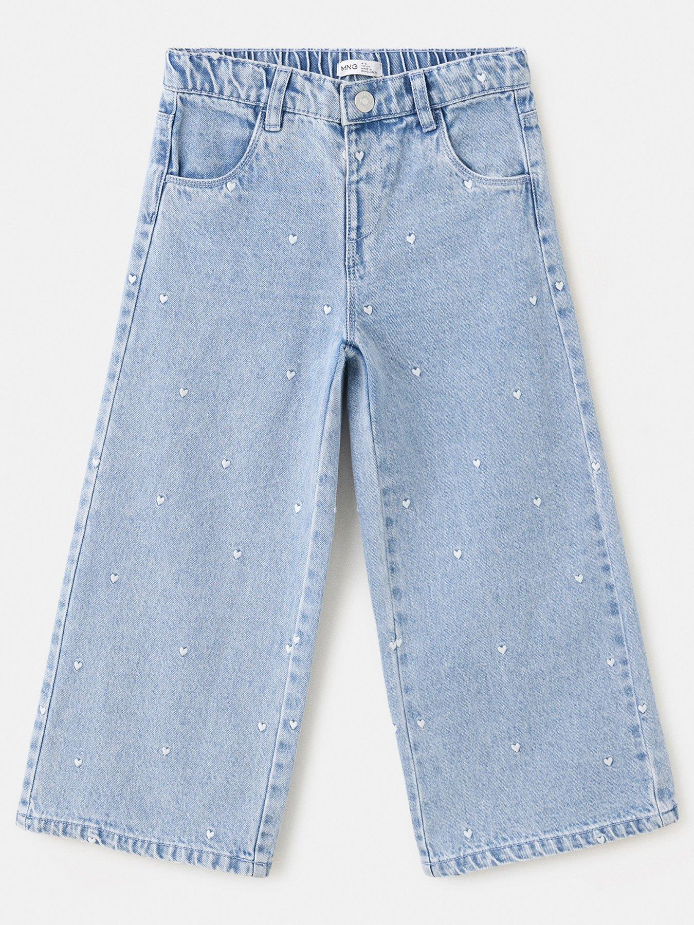 Image 1 of 4 of Mango Younger Girls Heart Embroidered Jeans - Blue