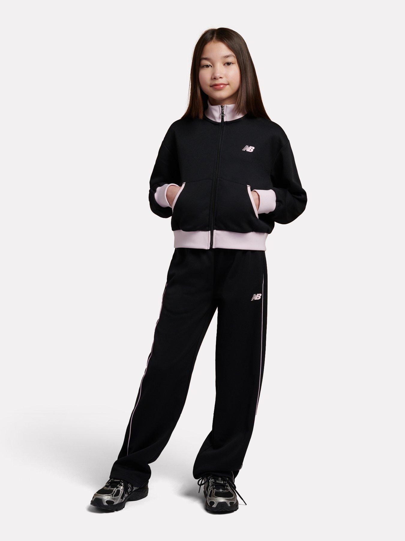 Image 3 of 7 of New Balance Girls Piping Wide Leg Elastic Waist Track Pants - Black