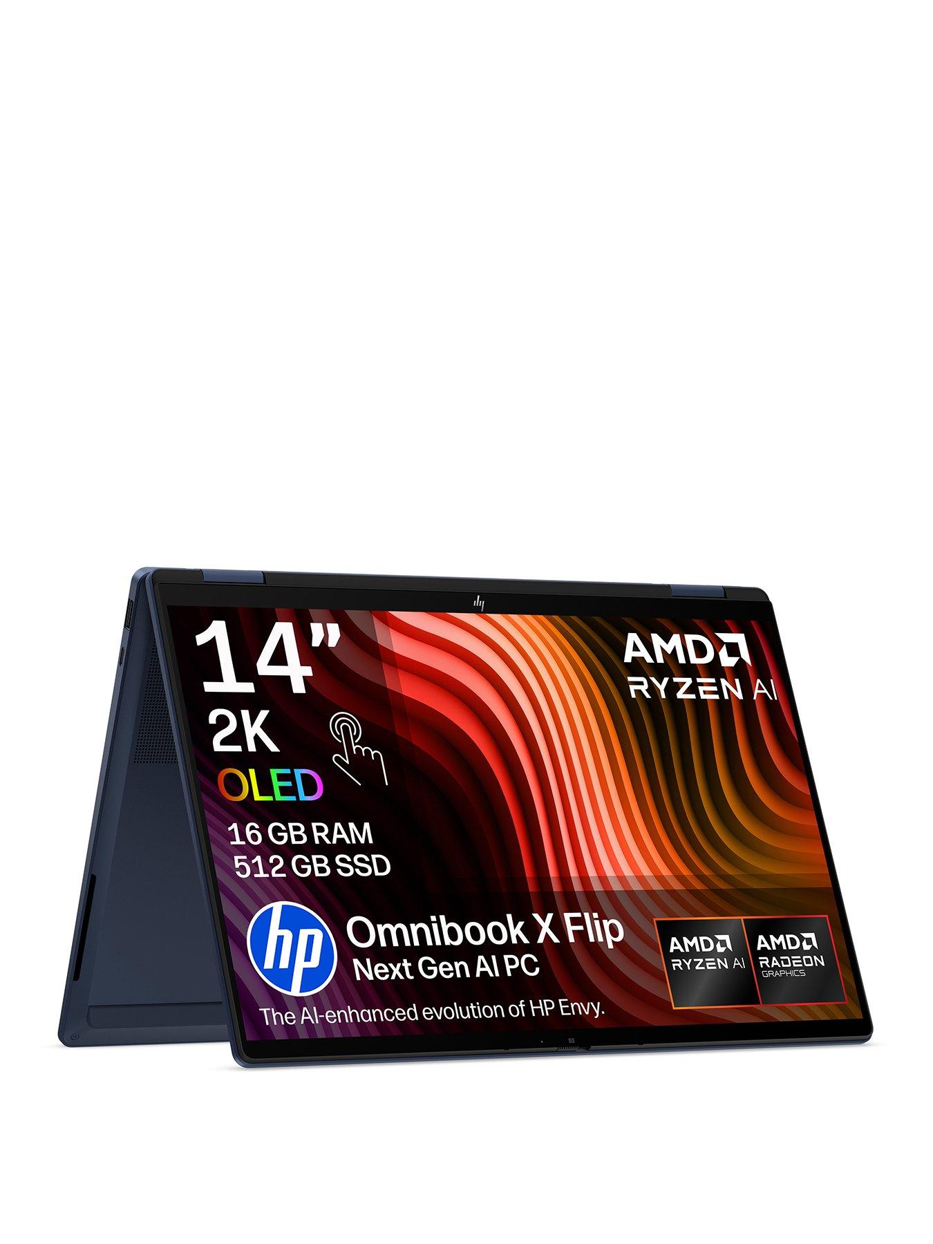 Image 1 of 8 of HP OmniBook X Flip 14-kc0000nax 14in OLED Touchscreen Laptop - Copilot+PC - AMD Ryzen AI 5 - 16GB RAM - 512GB SSD  - Blue - No Power Adaptor Included