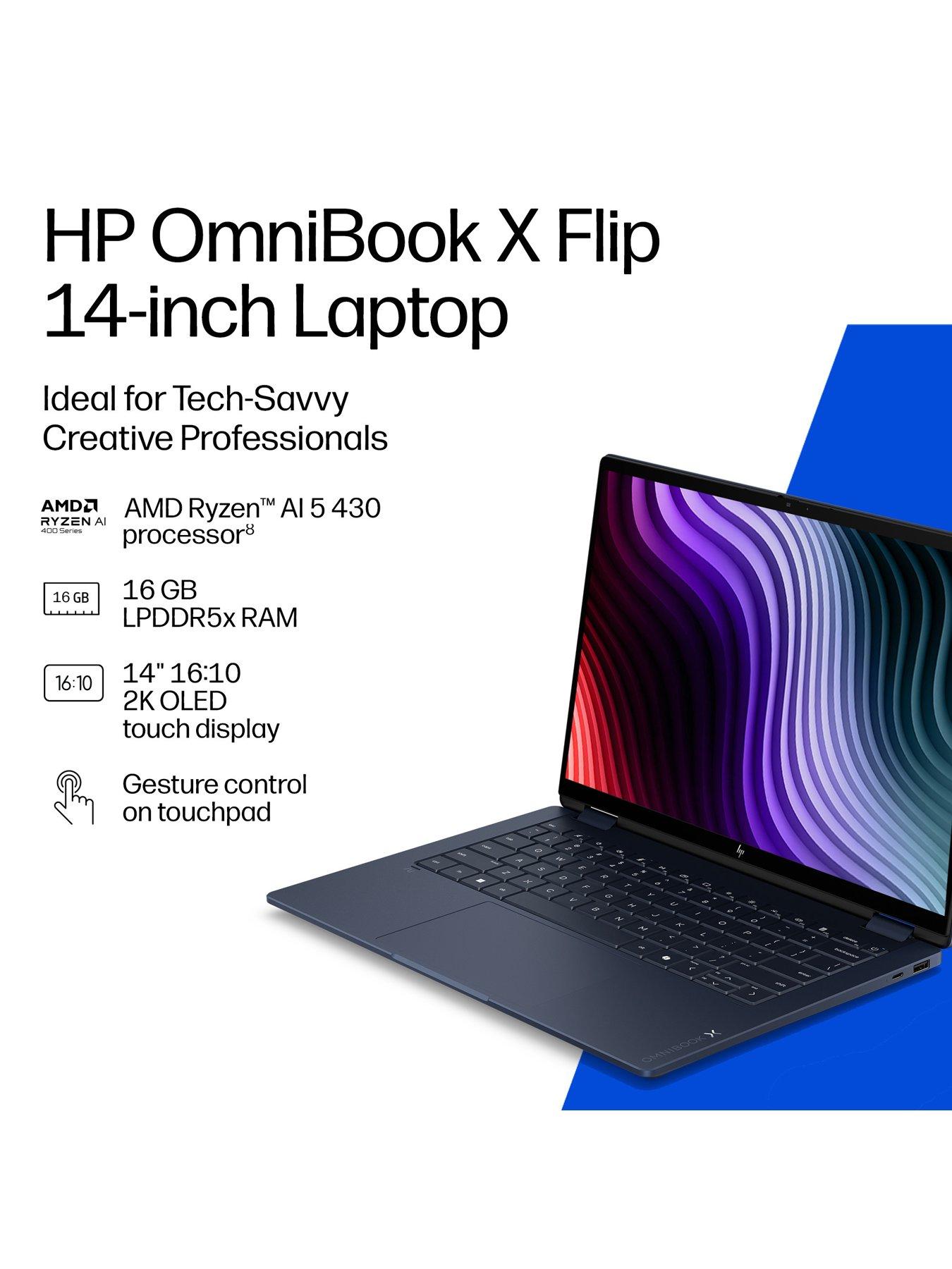 Image 4 of 8 of HP OmniBook X Flip 14-kc0000nax 14in OLED Touchscreen Laptop - Copilot+PC - AMD Ryzen AI 5 - 16GB RAM - 512GB SSD  - Blue - No Power Adaptor Included