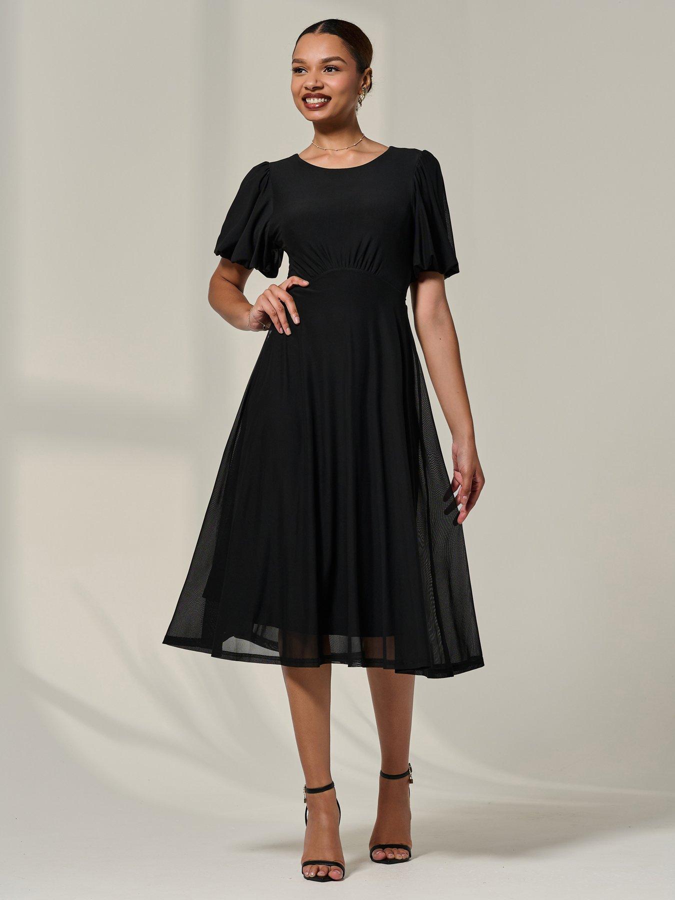 Jolie Moi Puff Sleeve Mesh Midi Dress - Black