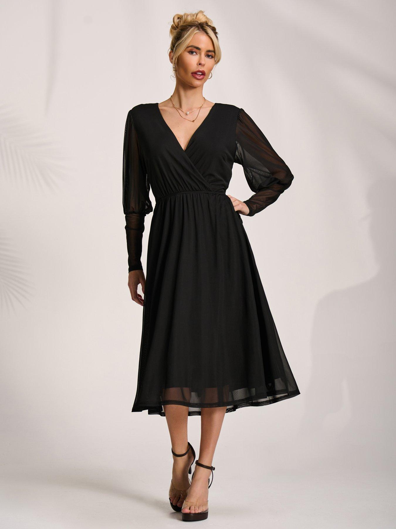 Jolie Moi Mesh Long Puff Sleeve Wrap Midi Dress - Black