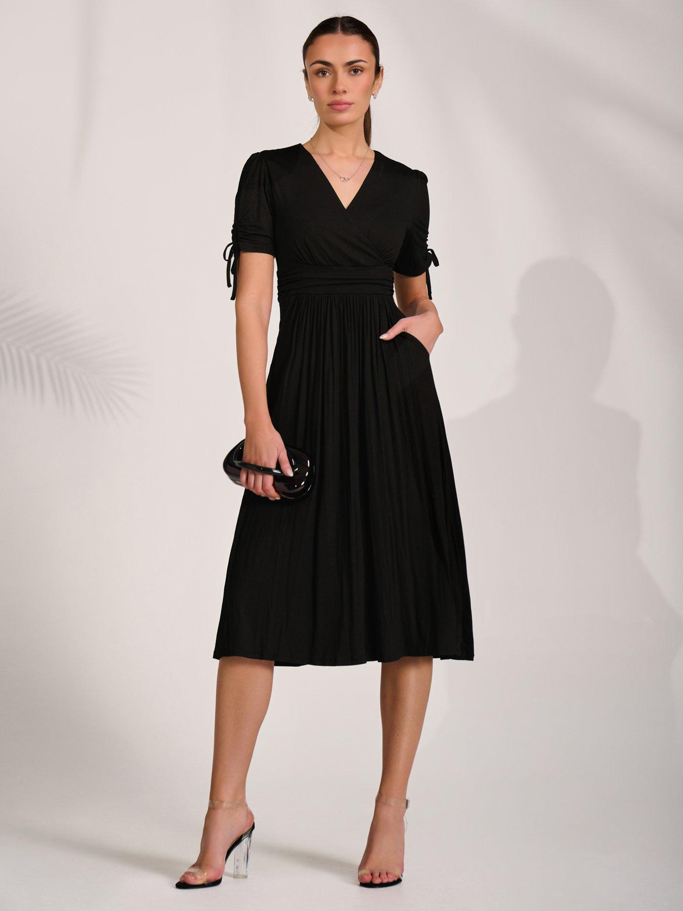 Image 1 of 7 of Jolie Moi Jersey Tie Sleeve Wrap Front Midi Dress - Black