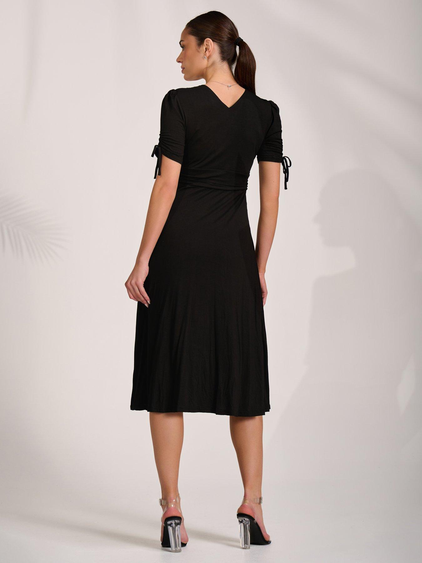 Image 2 of 7 of Jolie Moi Jersey Tie Sleeve Wrap Front Midi Dress - Black