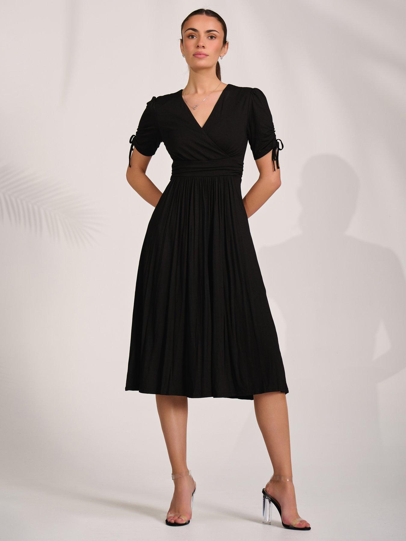 Image 3 of 7 of Jolie Moi Jersey Tie Sleeve Wrap Front Midi Dress - Black