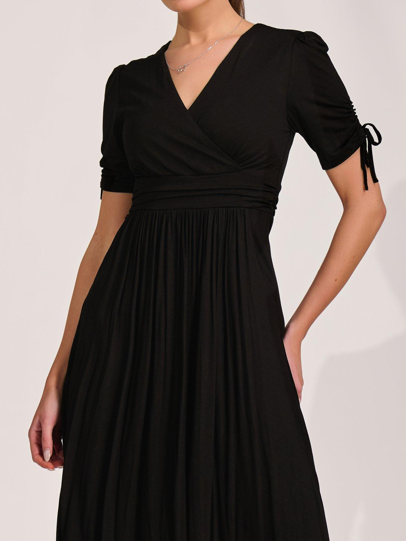 Image 4 of 7 of Jolie Moi Jersey Tie Sleeve Wrap Front Midi Dress - Black