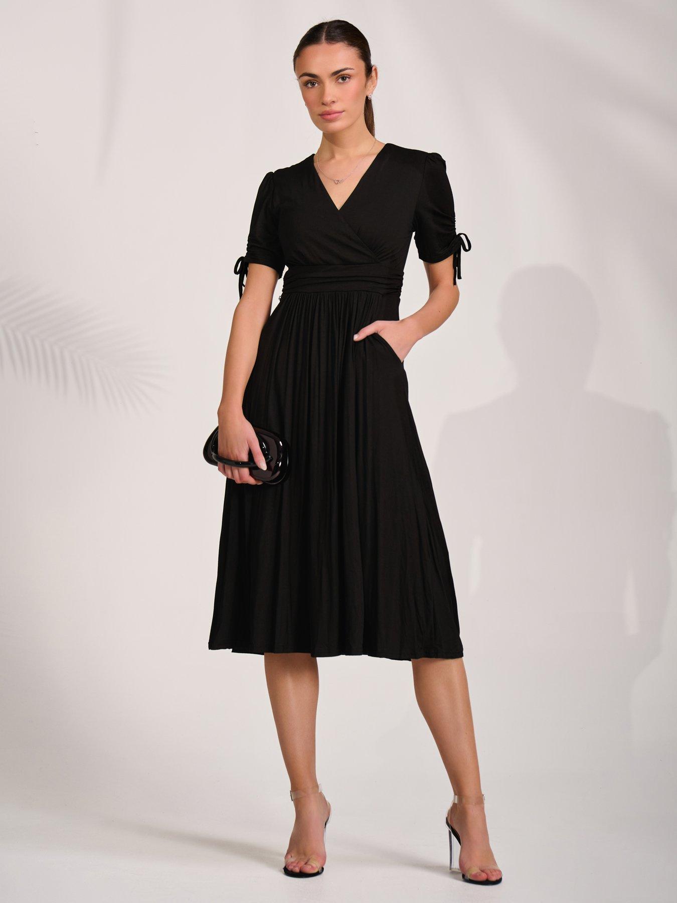 Image 5 of 7 of Jolie Moi Jersey Tie Sleeve Wrap Front Midi Dress - Black