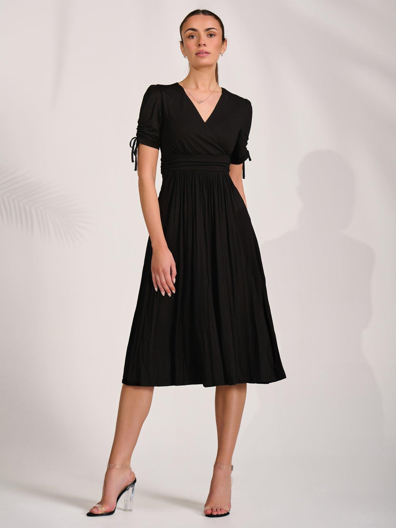 Image 6 of 7 of Jolie Moi Jersey Tie Sleeve Wrap Front Midi Dress - Black