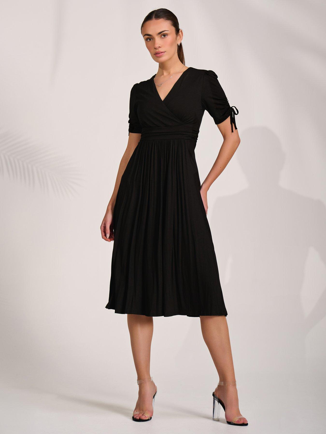 Image 7 of 7 of Jolie Moi Jersey Tie Sleeve Wrap Front Midi Dress - Black