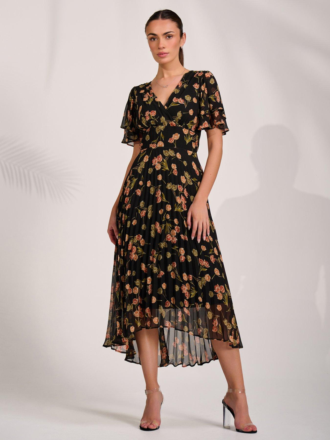 Jolie Moi Angel Sleeve Pleated Chiffon Midaxi Dress - Black