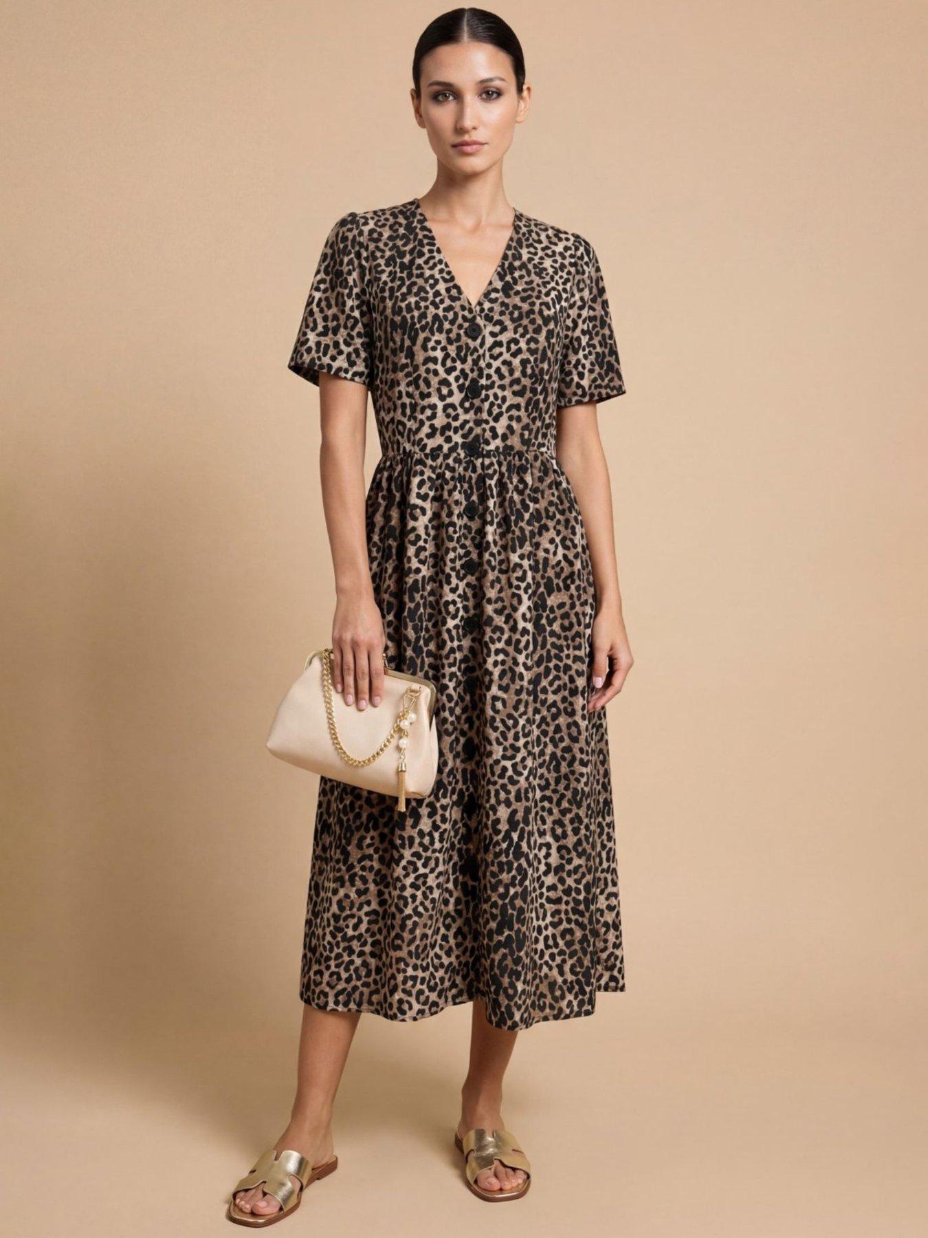 Little Mistress Animal Print Crepe Button-Down Midi Dress