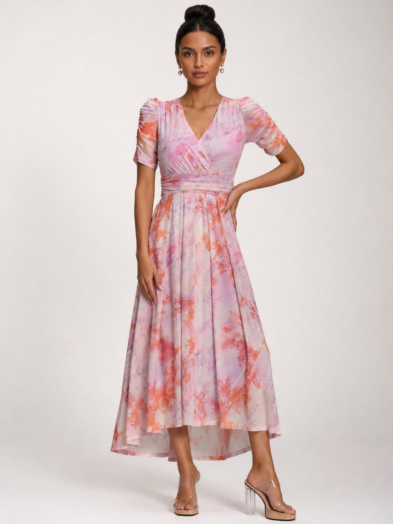 Jolie Moi Petite Mesh Print Dip Hem Maxi Dress - Purple