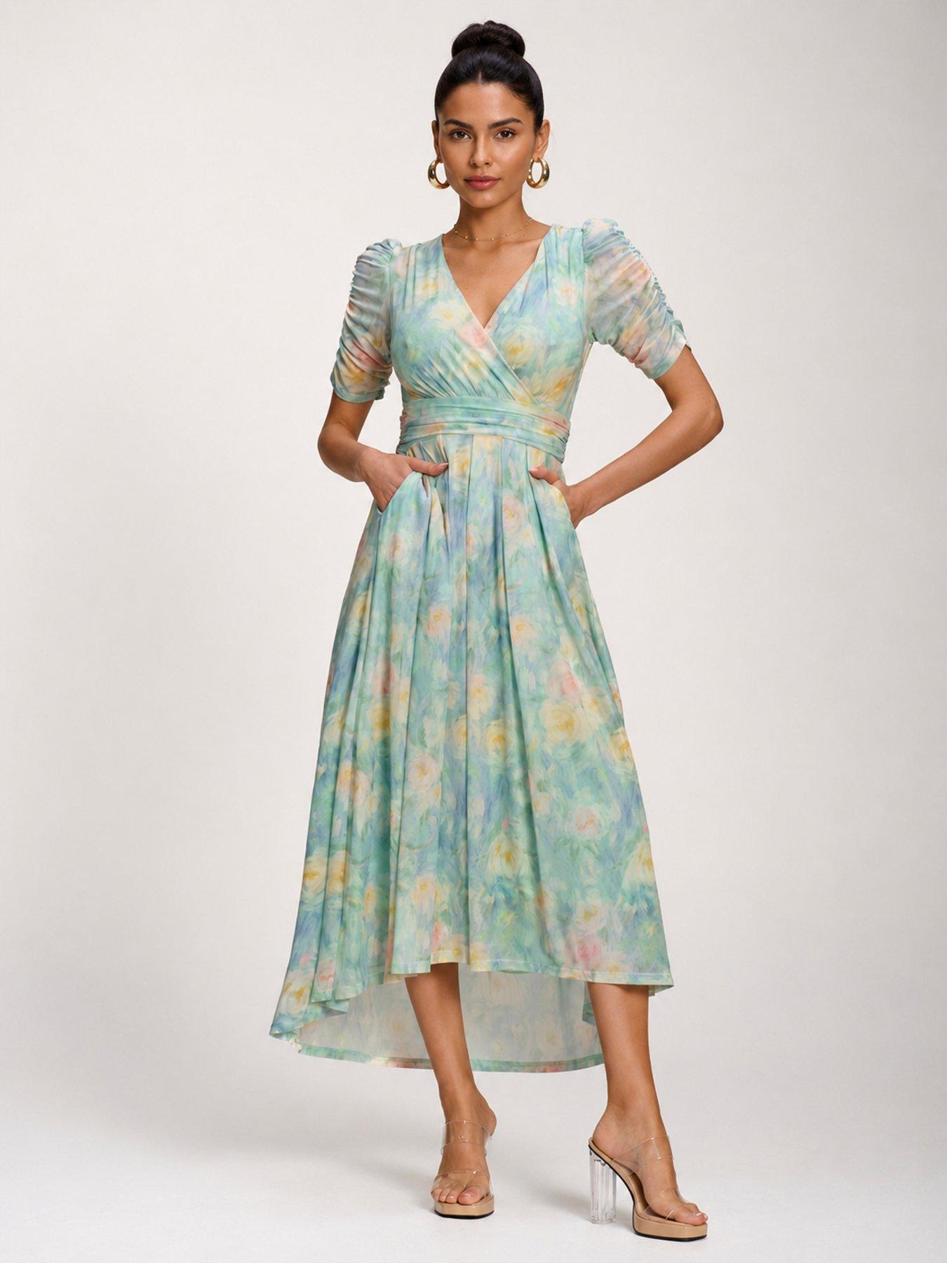 Jolie Moi Petite Mesh Print Dip Hem Maxi Dress
