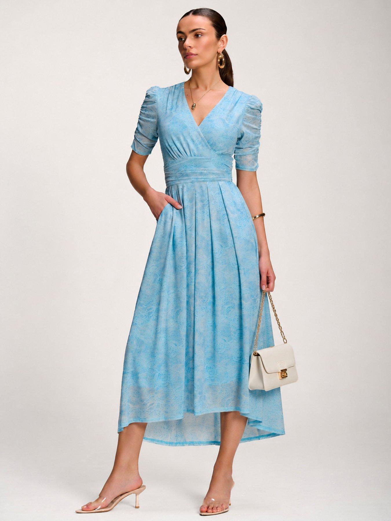 Jolie Moi Printed Mesh Dip Hem Maxi Dress - Blue