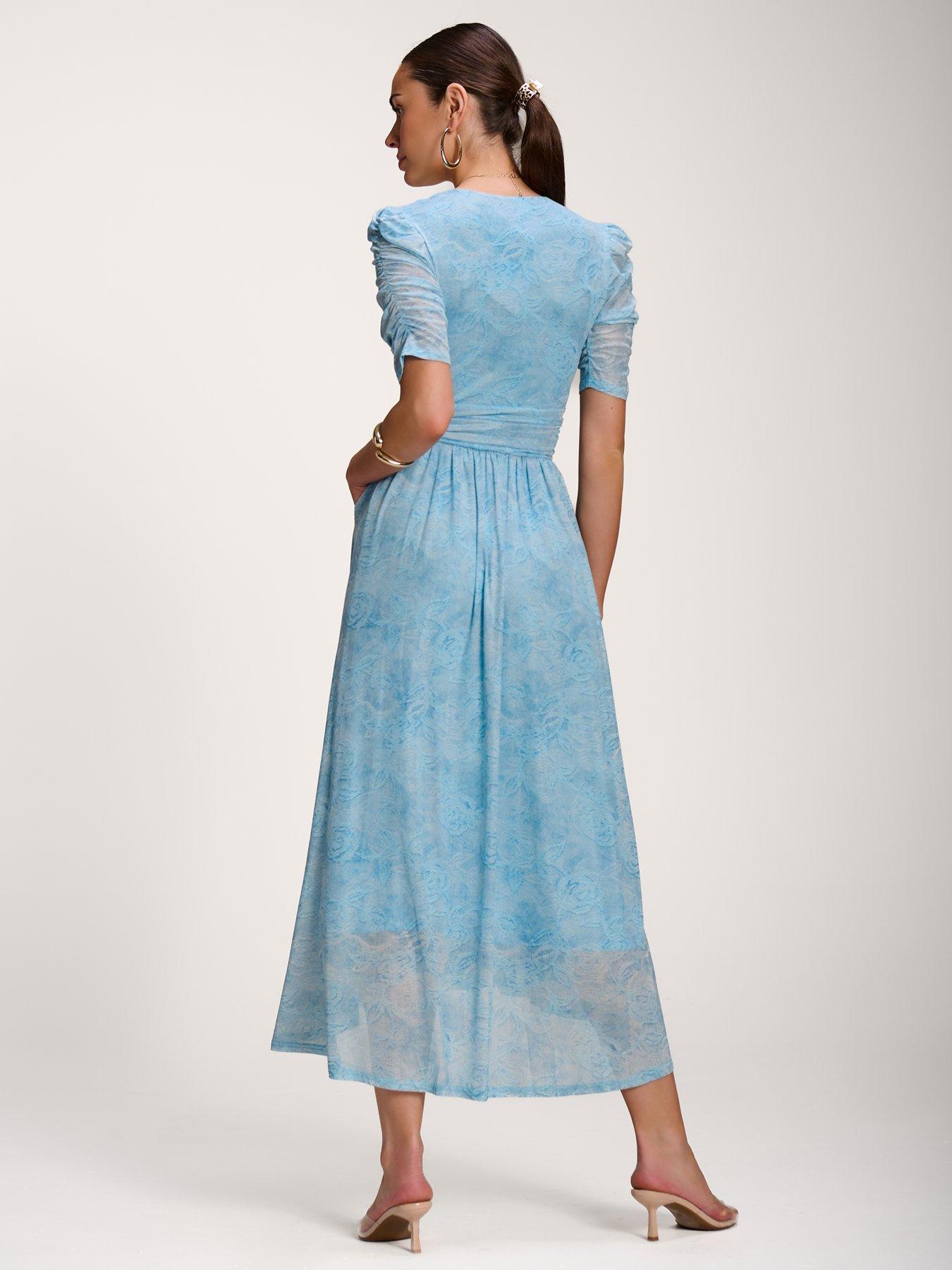 Image 2 of 7 of Jolie Moi Printed Mesh Dip Hem Maxi Dress - Blue