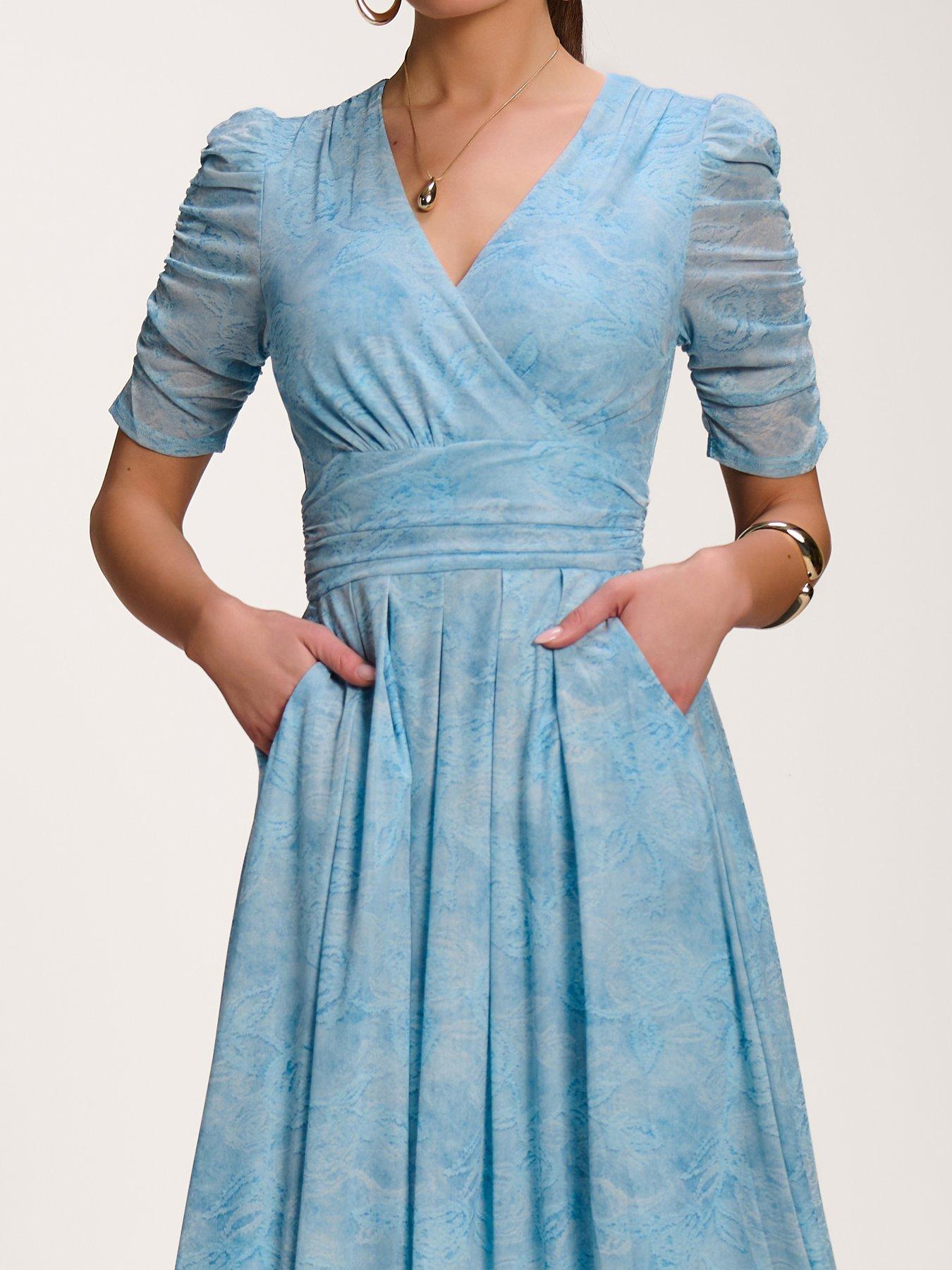 Image 4 of 7 of Jolie Moi Printed Mesh Dip Hem Maxi Dress - Blue