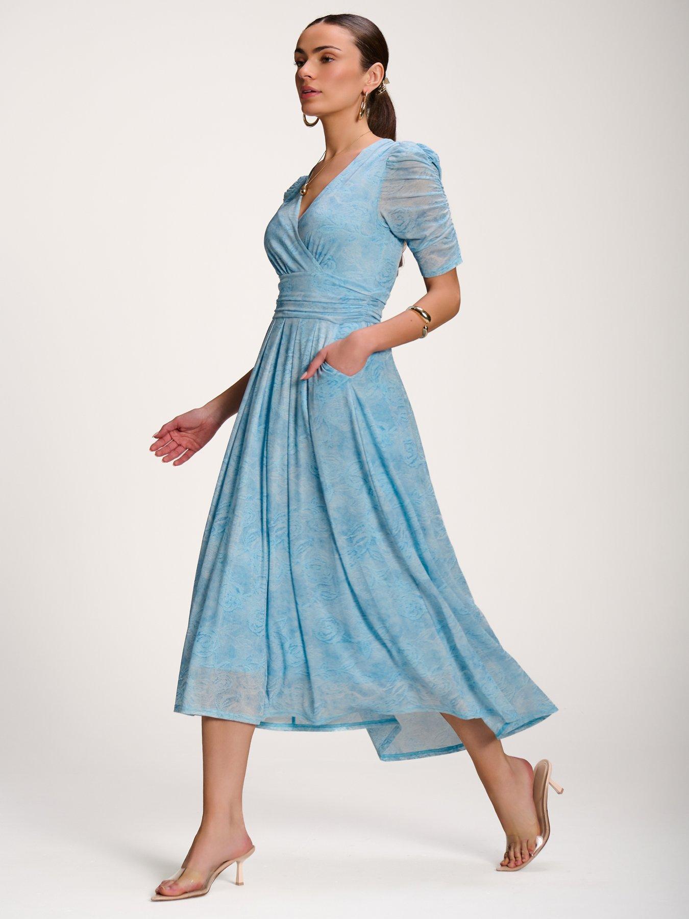 Image 5 of 7 of Jolie Moi Printed Mesh Dip Hem Maxi Dress - Blue