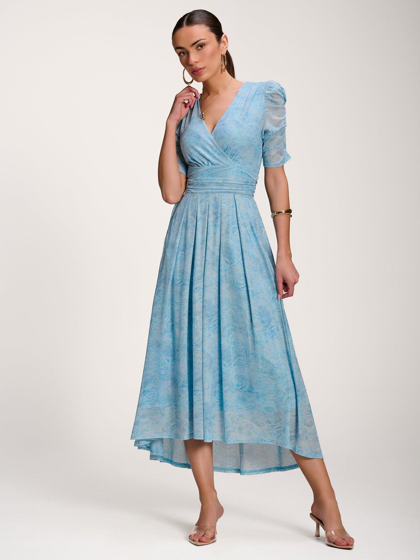 Image 6 of 7 of Jolie Moi Printed Mesh Dip Hem Maxi Dress - Blue