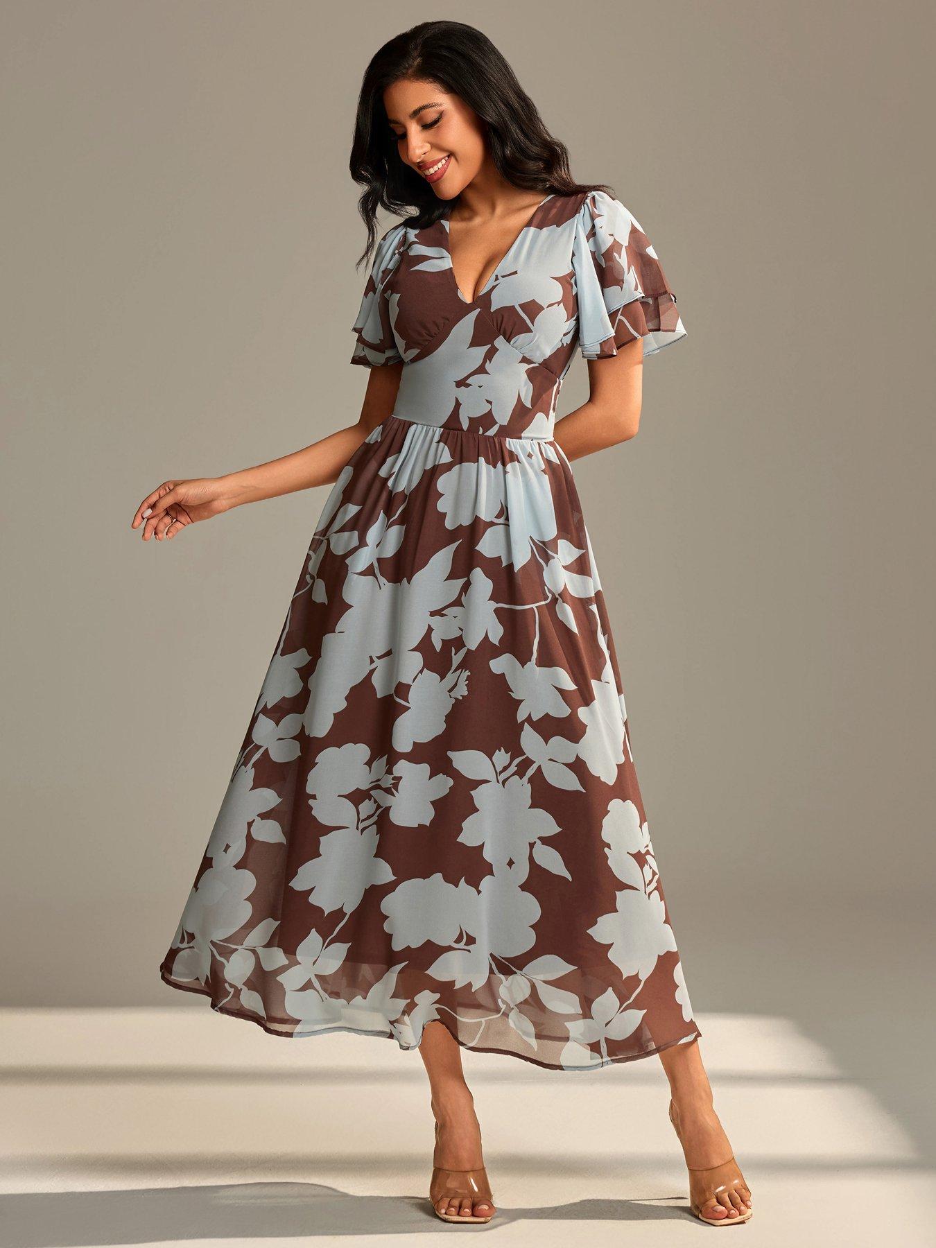 Jolie Moi Layered Angel Sleeved Chiffon Maxi Dress - Brown