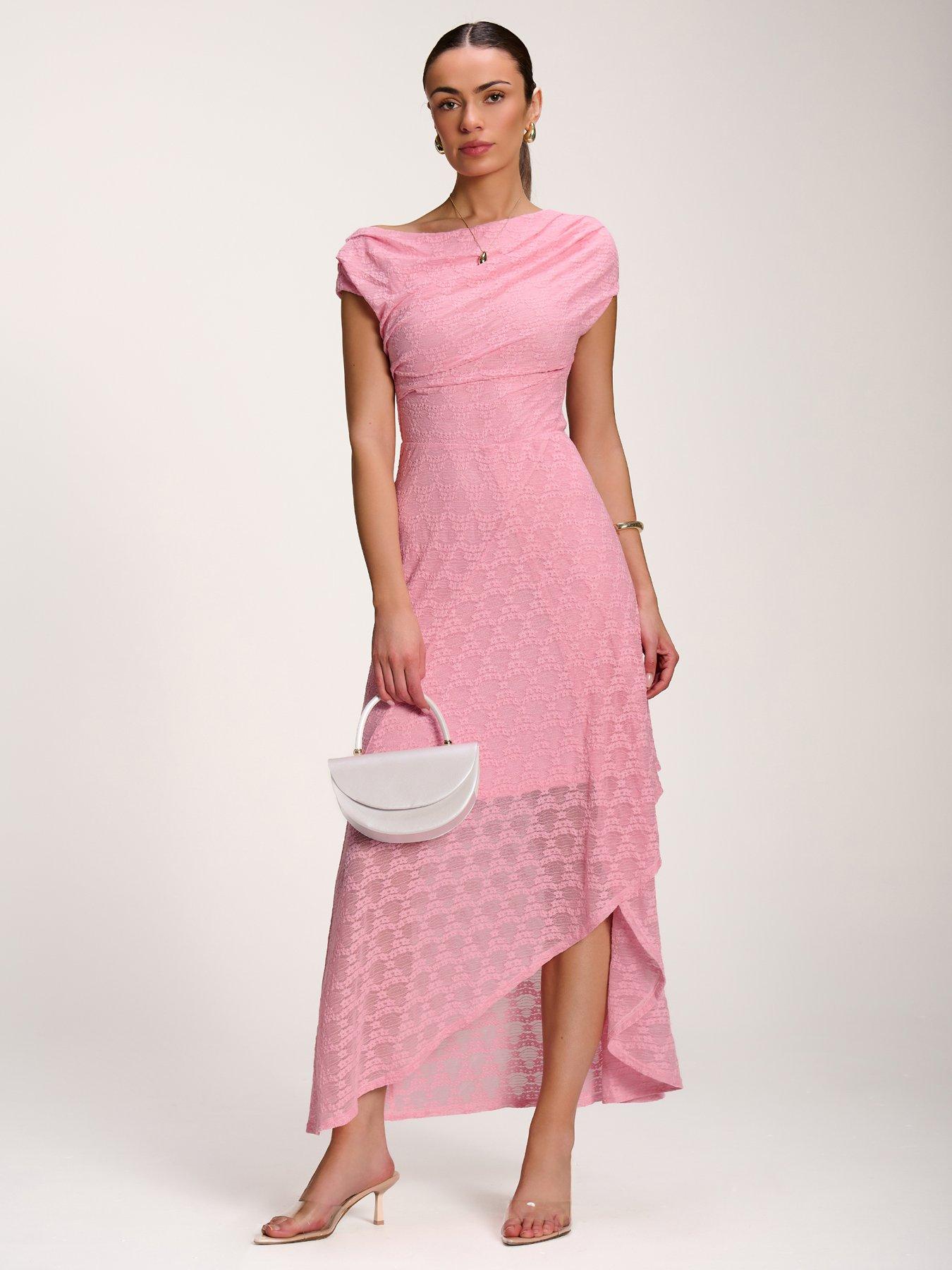 Jolie Moi Asymmetric Draped Lace Maxi Dress - Pink