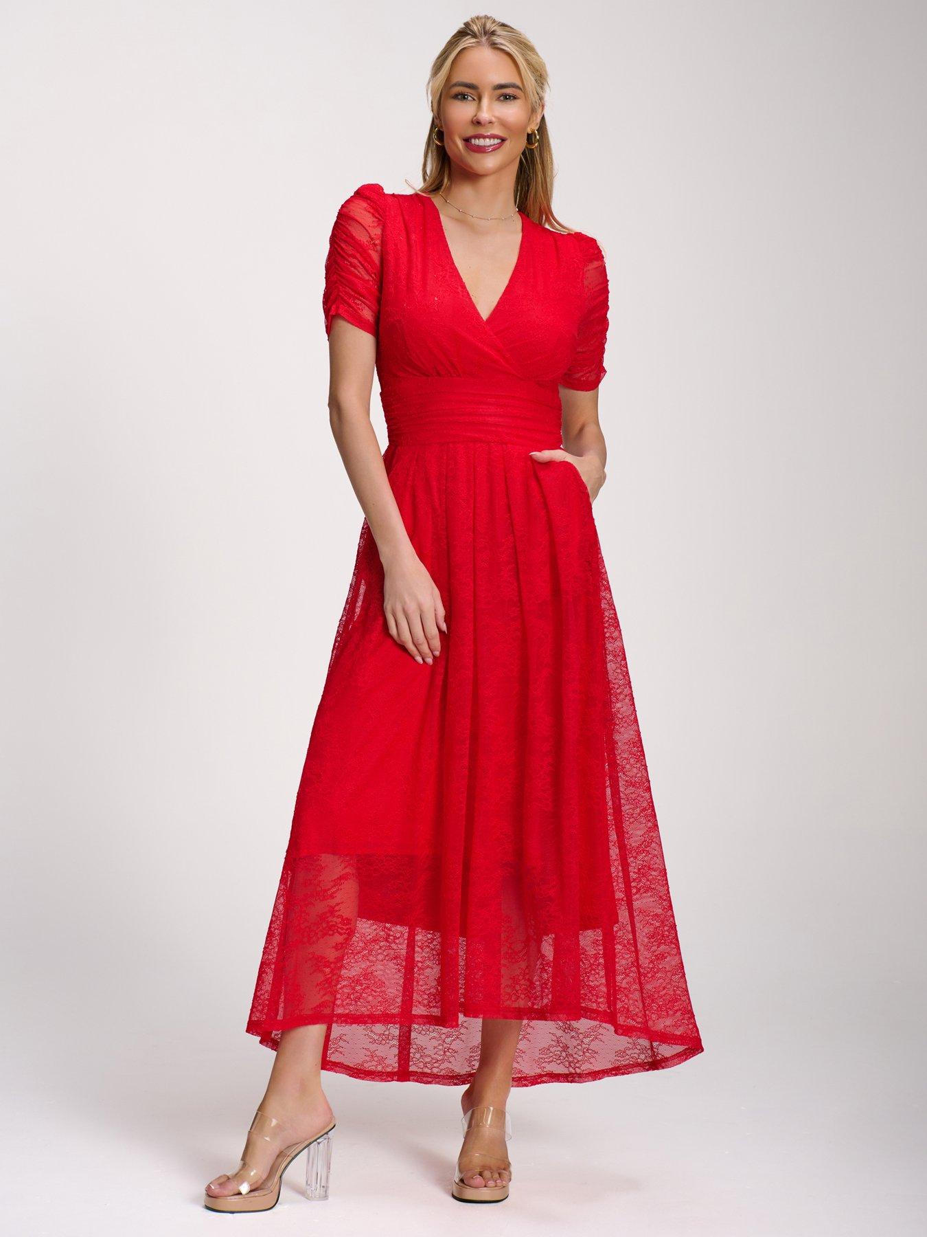 Jolie Moi Lace Ruched Sleeve Dip Hem Maxi Dress - Red