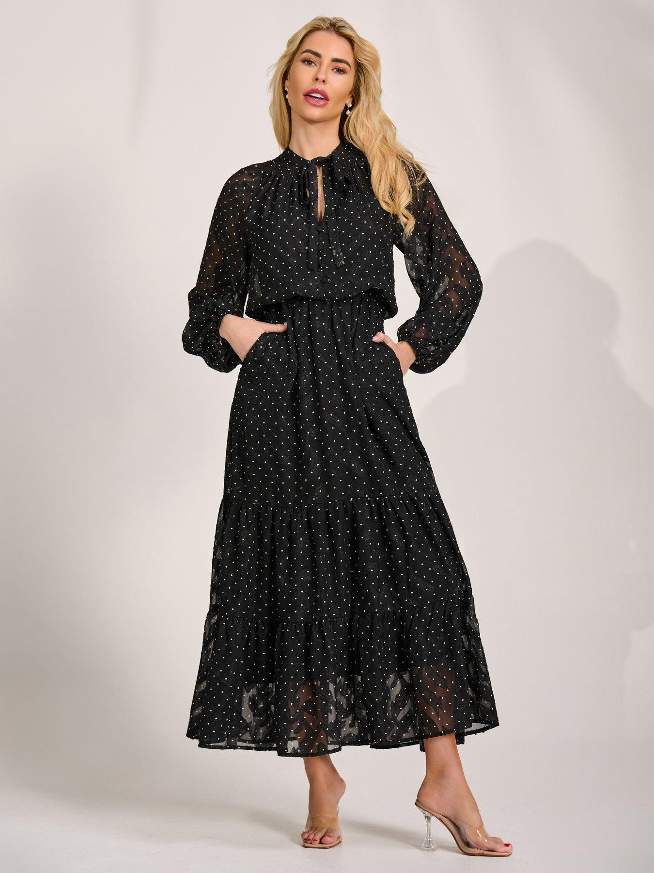 Jolie Moi Textured Chiffon Long Sleeve Maxi Dress - Black
