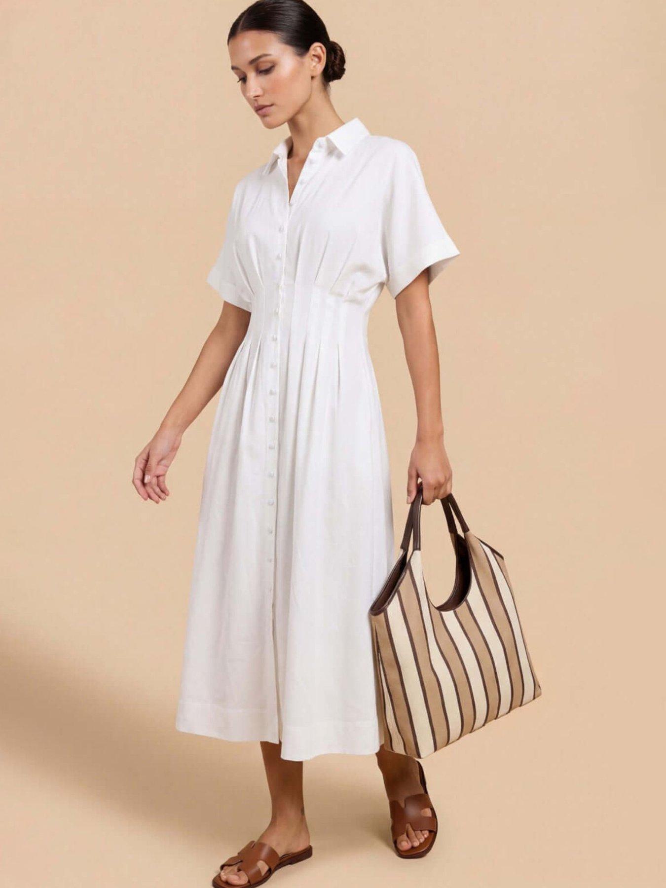 Little Mistress White Cotton Linen Button-Down Midi Dress