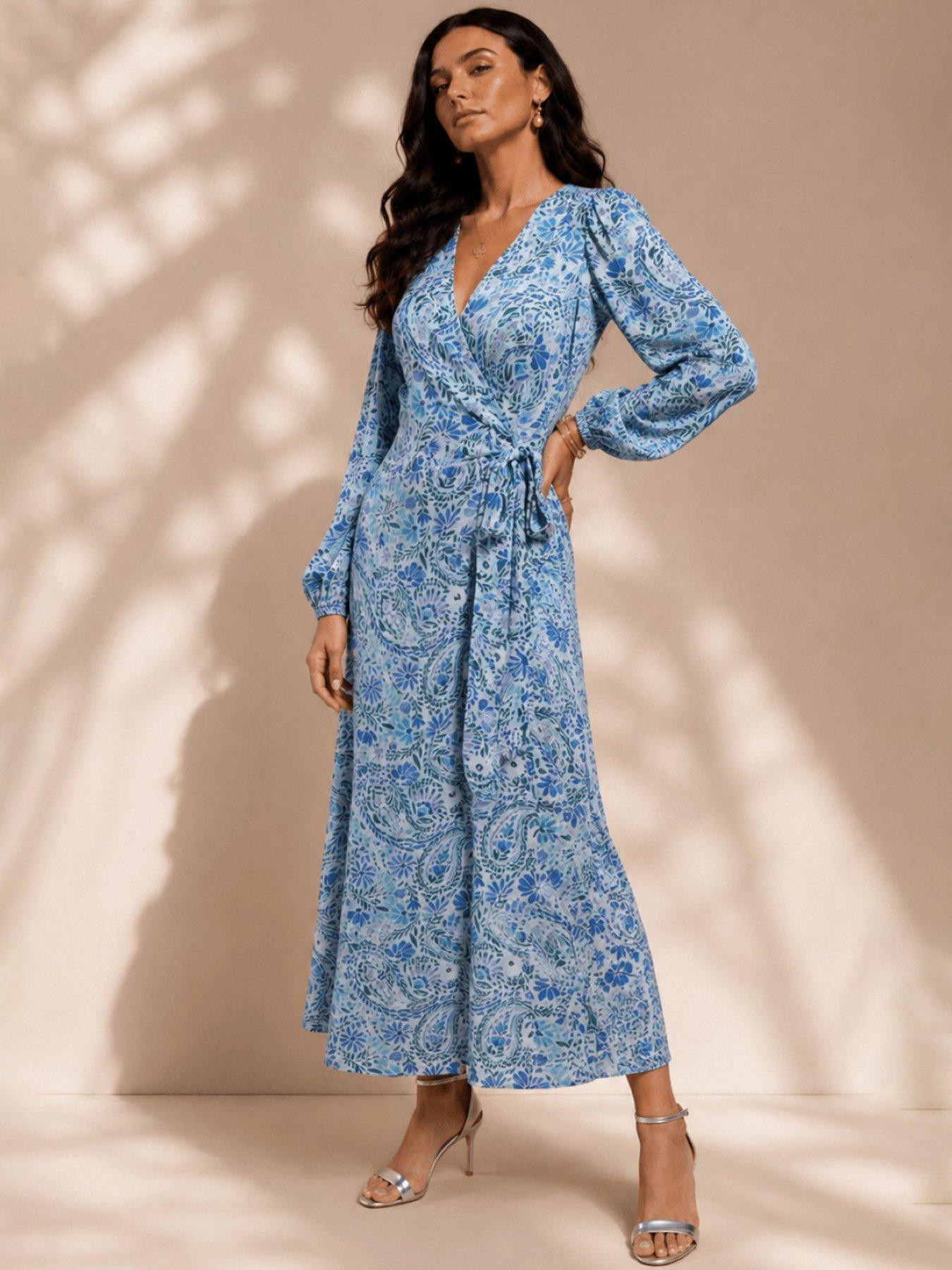Little Mistress Blue Tropical Print Long Sleeve Wrap Midi Dress