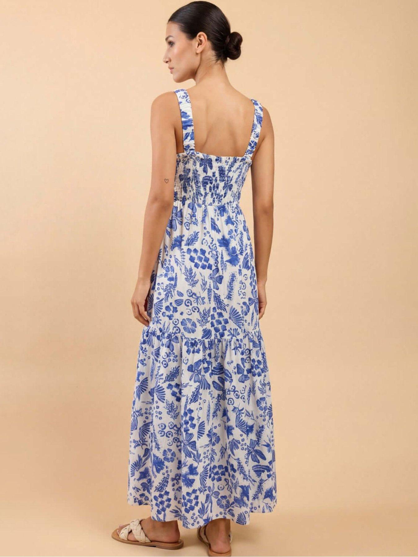 Image 2 of 5 of Little Mistress Blue Floral Print Cotton Gauze Smocked Maxi Dress
