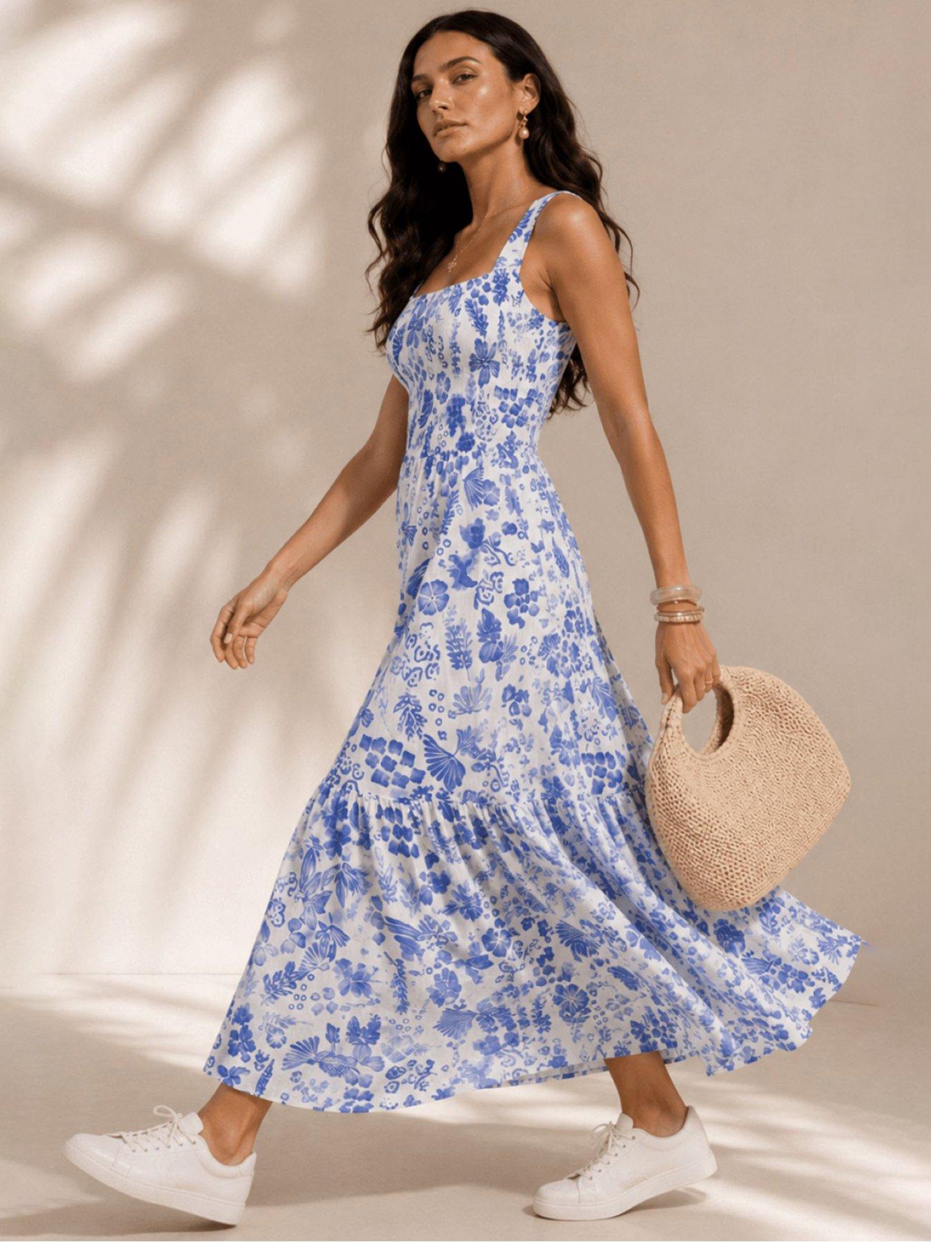 Image 3 of 5 of Little Mistress Blue Floral Print Cotton Gauze Smocked Maxi Dress