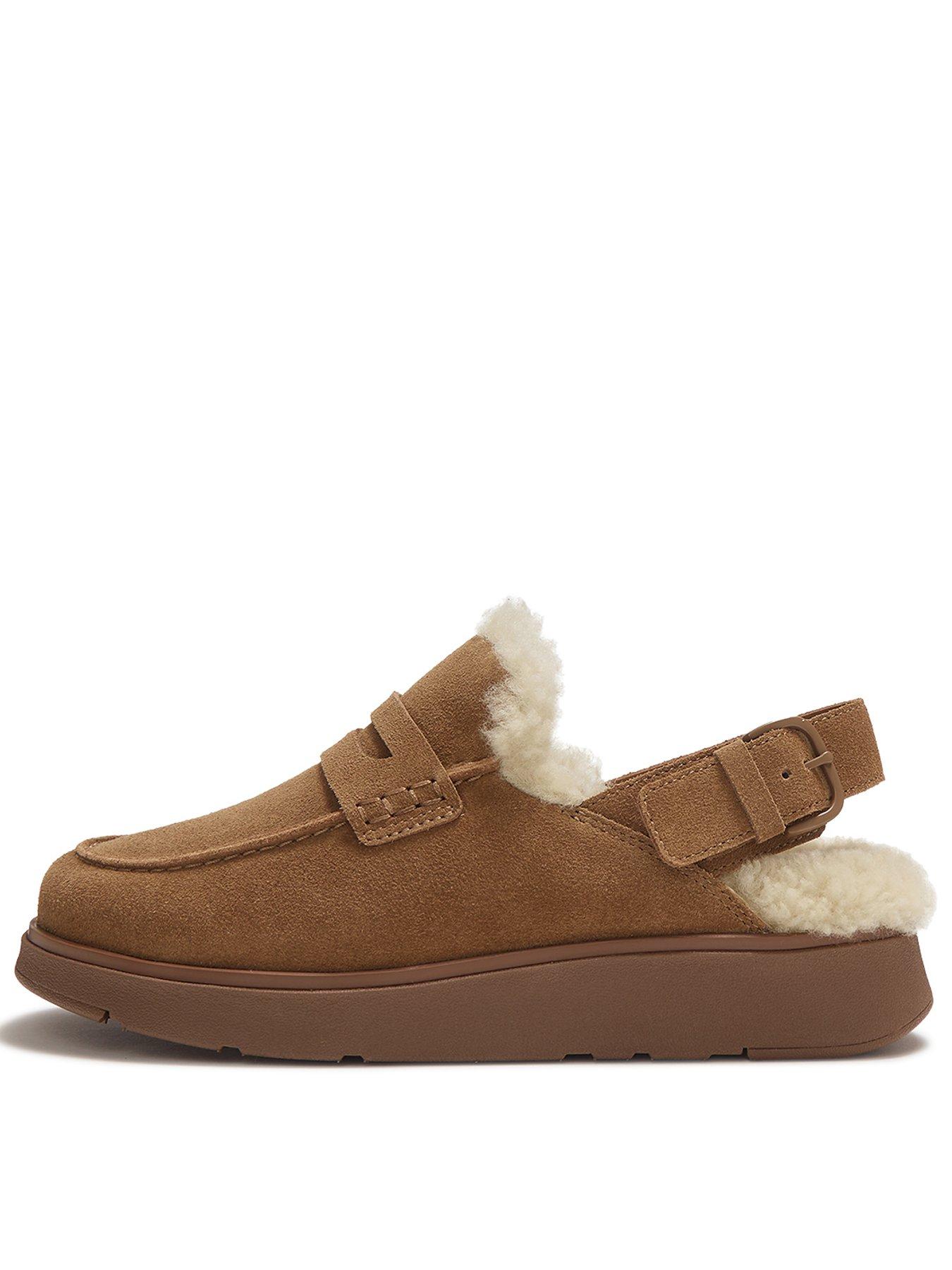 Image 1 of 5 of FitFlop FitFlop Womens Microwobbleboard Shearling-Lined Back-Strap Slippers - Brown
